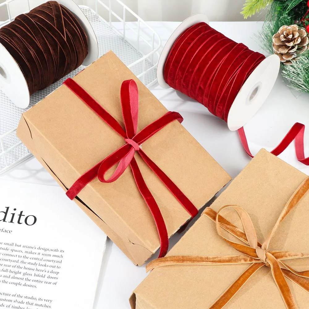 50yards 10mm Crafts Gifts Home Packaging Strap Flocking Silk Velvet Ribbon Wrapping Band ROSE RED