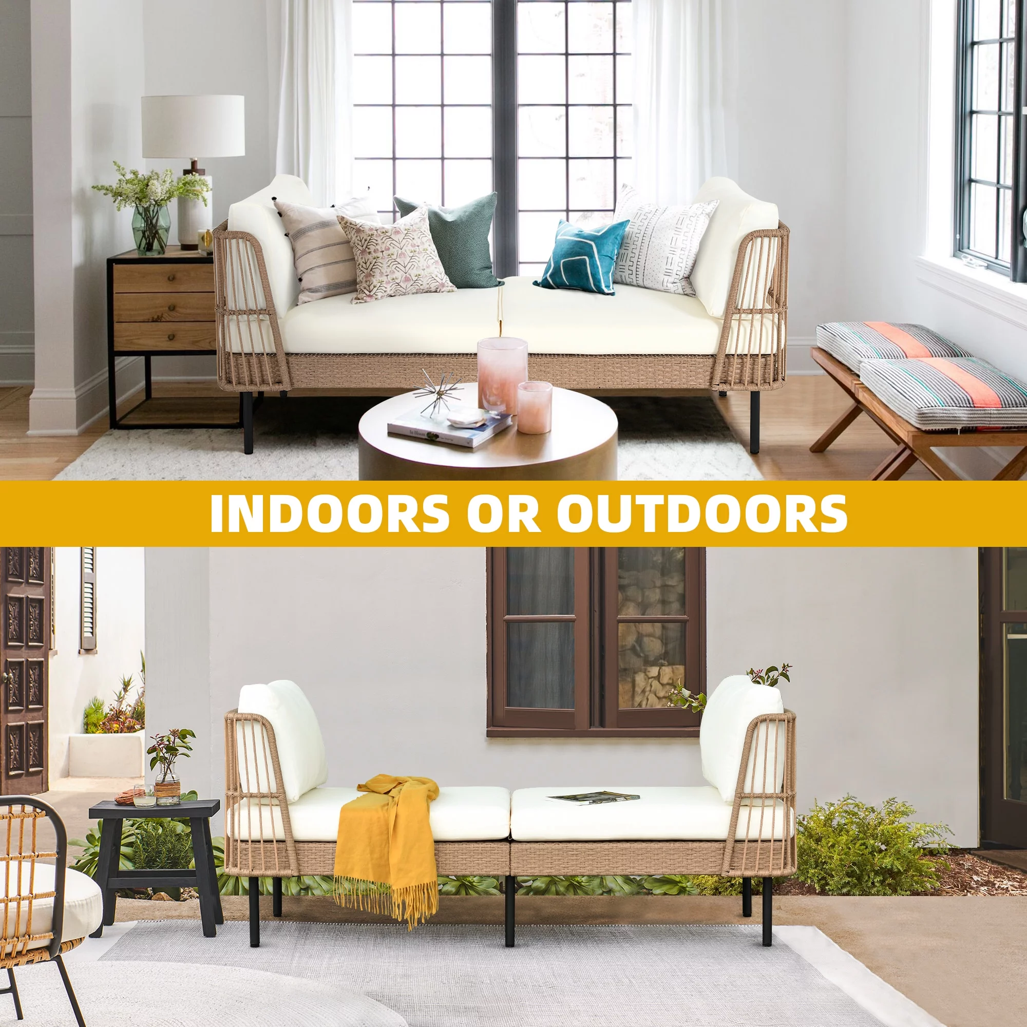 DWVO 74in Outdoor Daybed Wicker Patio Sofa Bed With Thickness Cushion Indoor Bed Lounger for Balcony Garden Deck Lawn - Beige