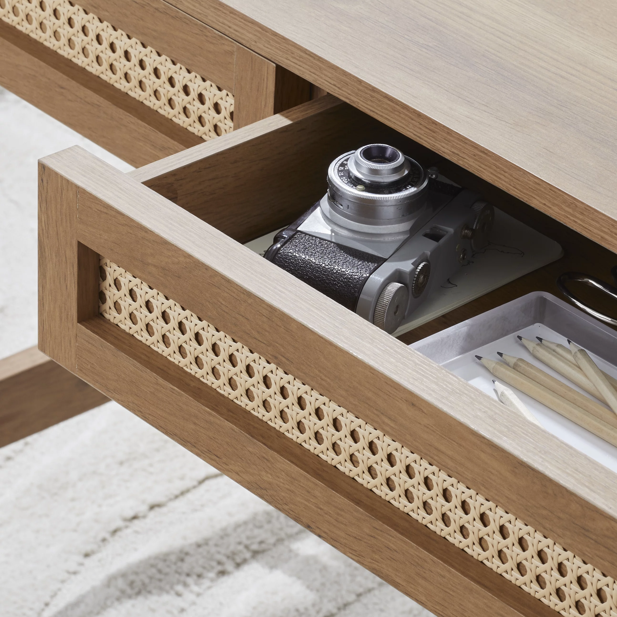 Better Homes & Gardens Springwood Caning Desk, Light Honey Finish