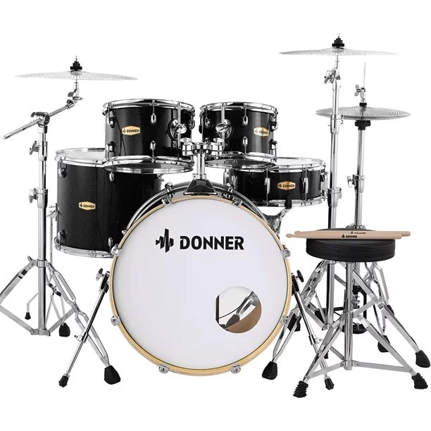 Donner Drum Set Adult with Silent System, 5-Piece Full Size Professional Drum Kit Black