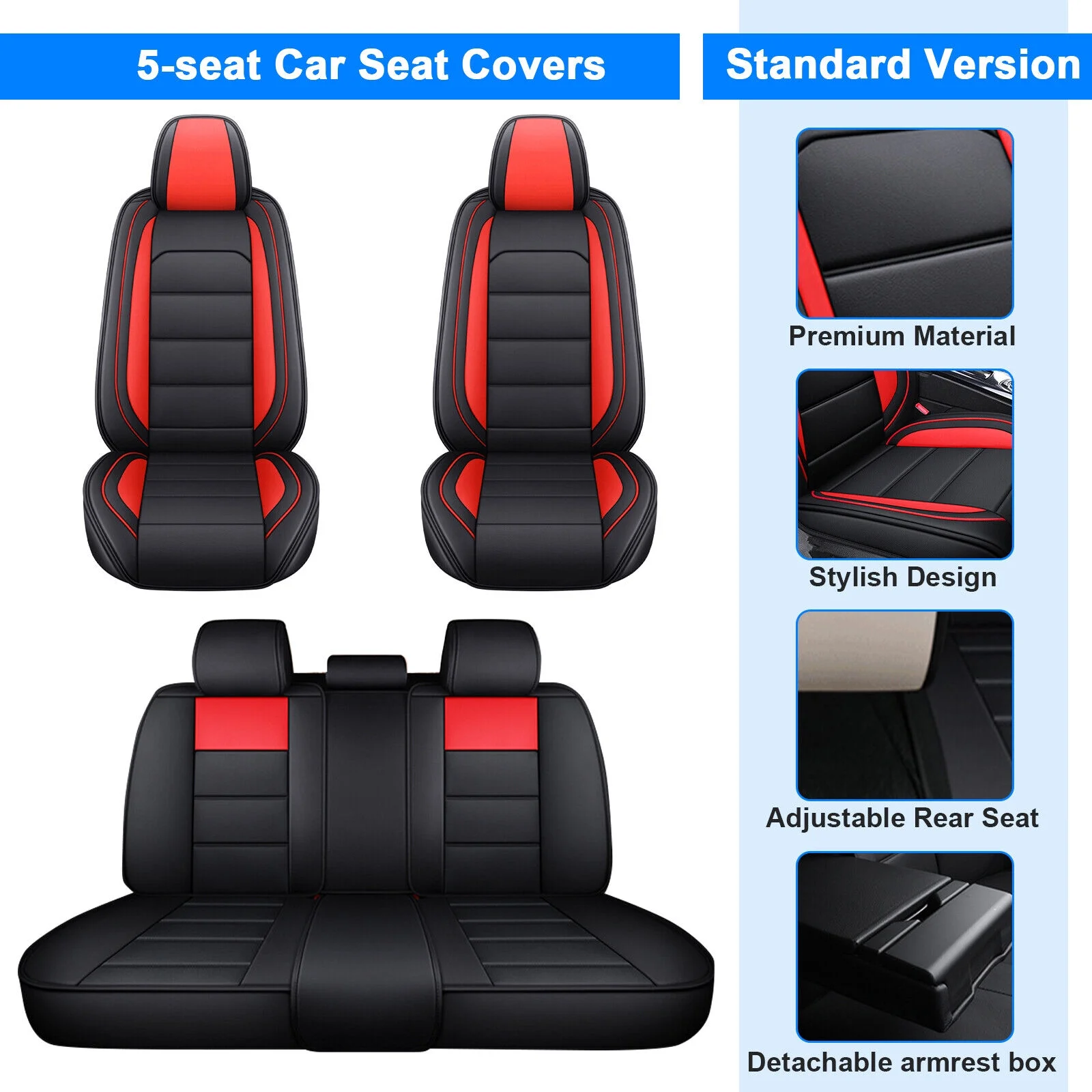 Car Seat Covers for Toyota Corolla, Premium 5 Seats PU Leather Auto Seat Cushions Protector, Front Rear Full Set for RAV4/ Echo/ Matrix/ Prius Black&Red