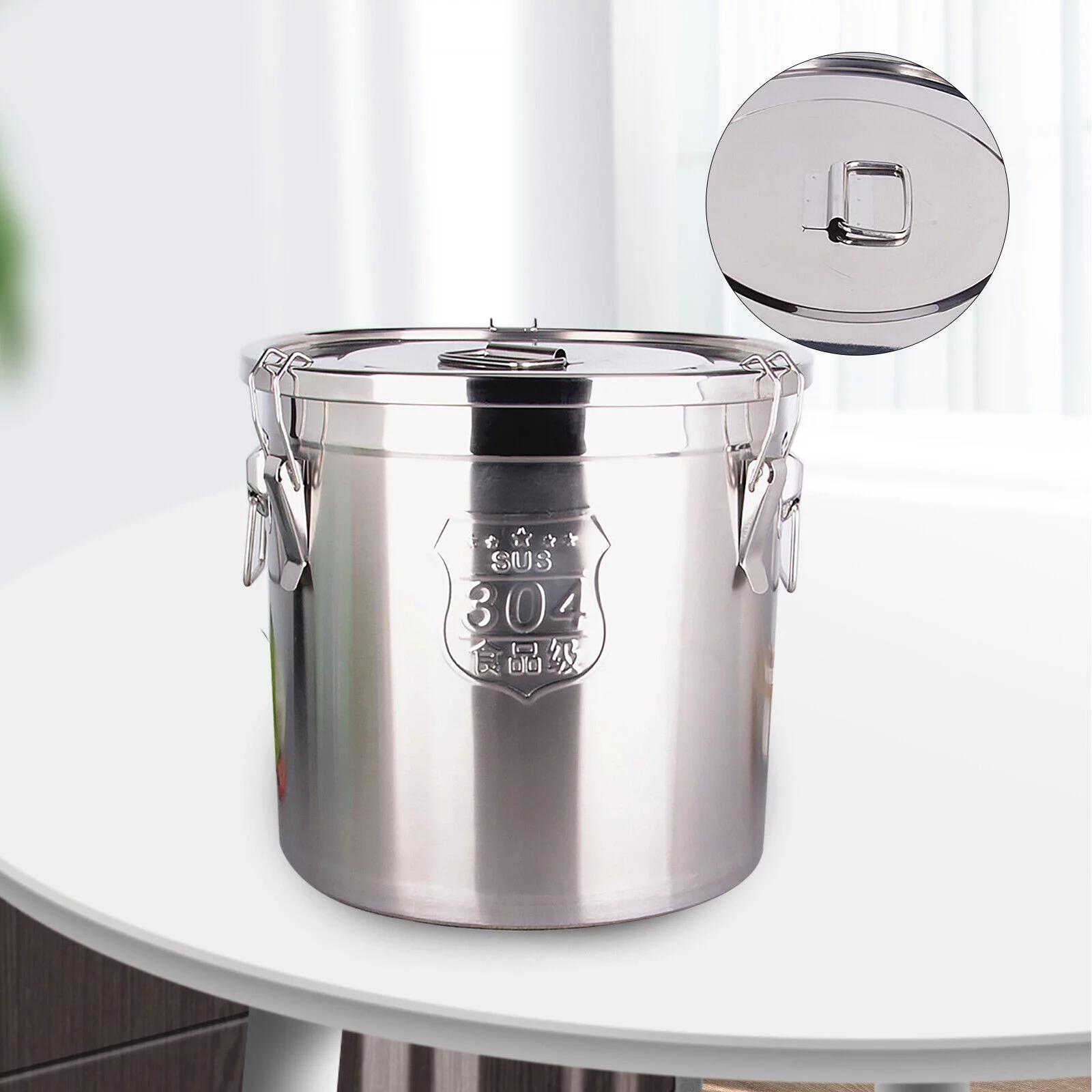 Silver 6L Household Stainless Food Barrel Bucket Dry Food Storage Container with Lid
