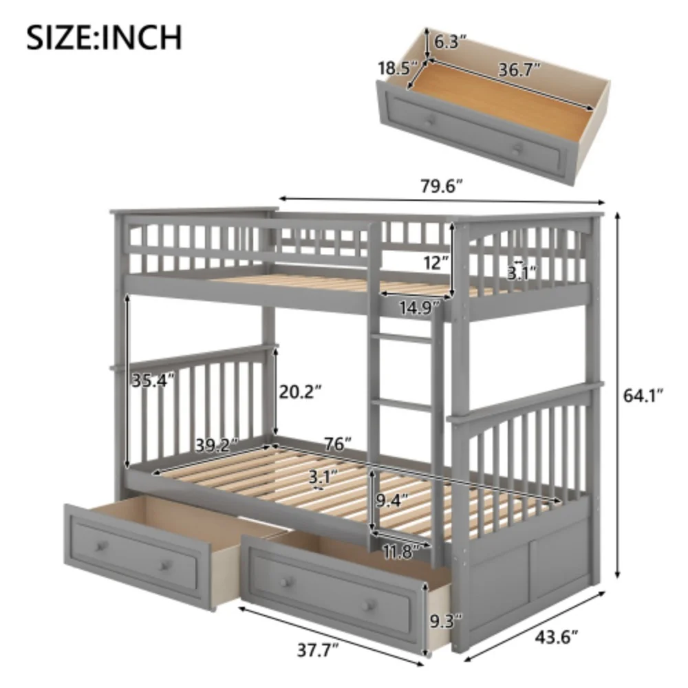 Twin over Twin Bunk Bed with Drawers, Convertible Beds, Gray  Gray + Pine