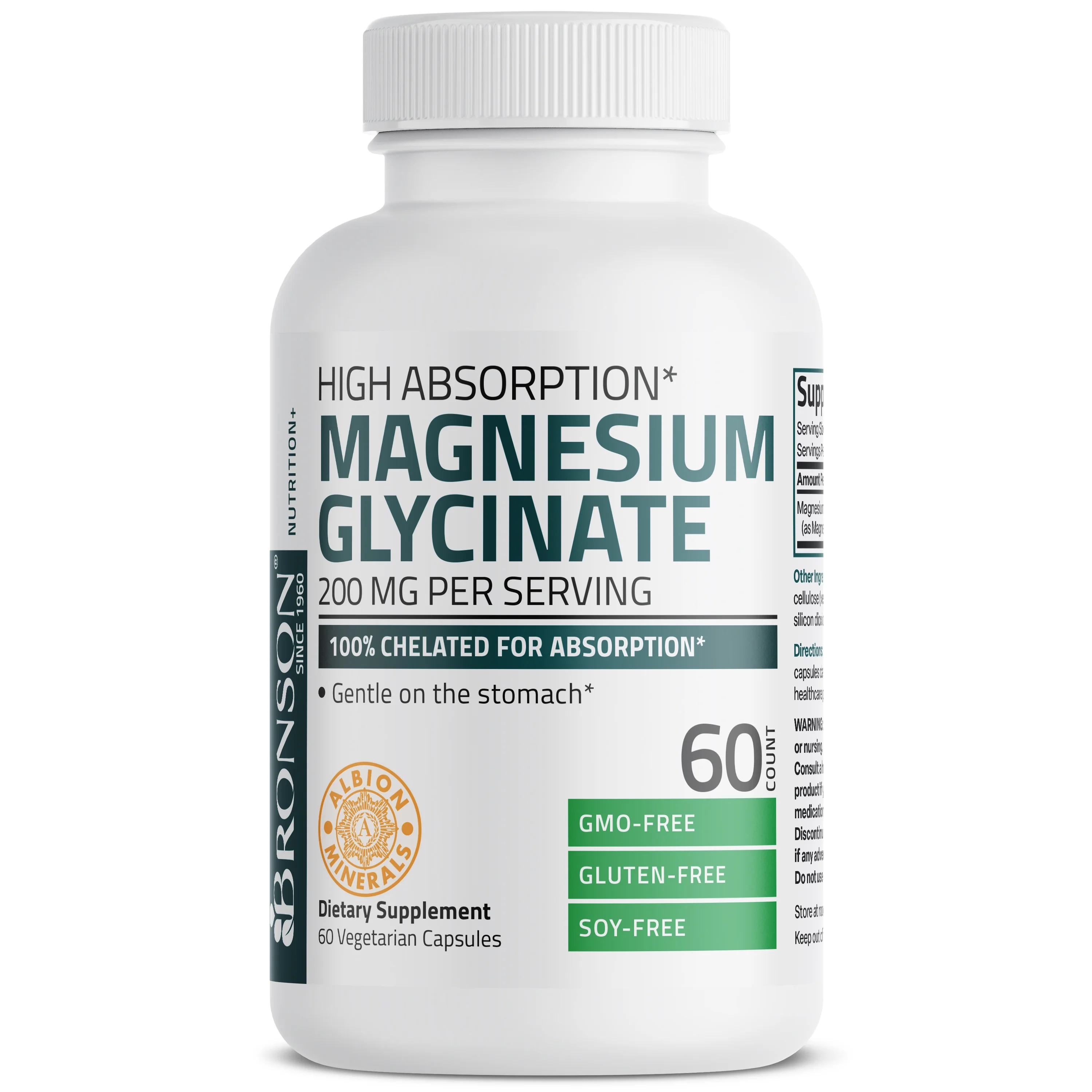Bronson Magnesium Glycinate 200 MG per Serving 100% Chelated for High Absorption, Gentle On Stomach, Non-GMO, 60 Vegetarian Capsules