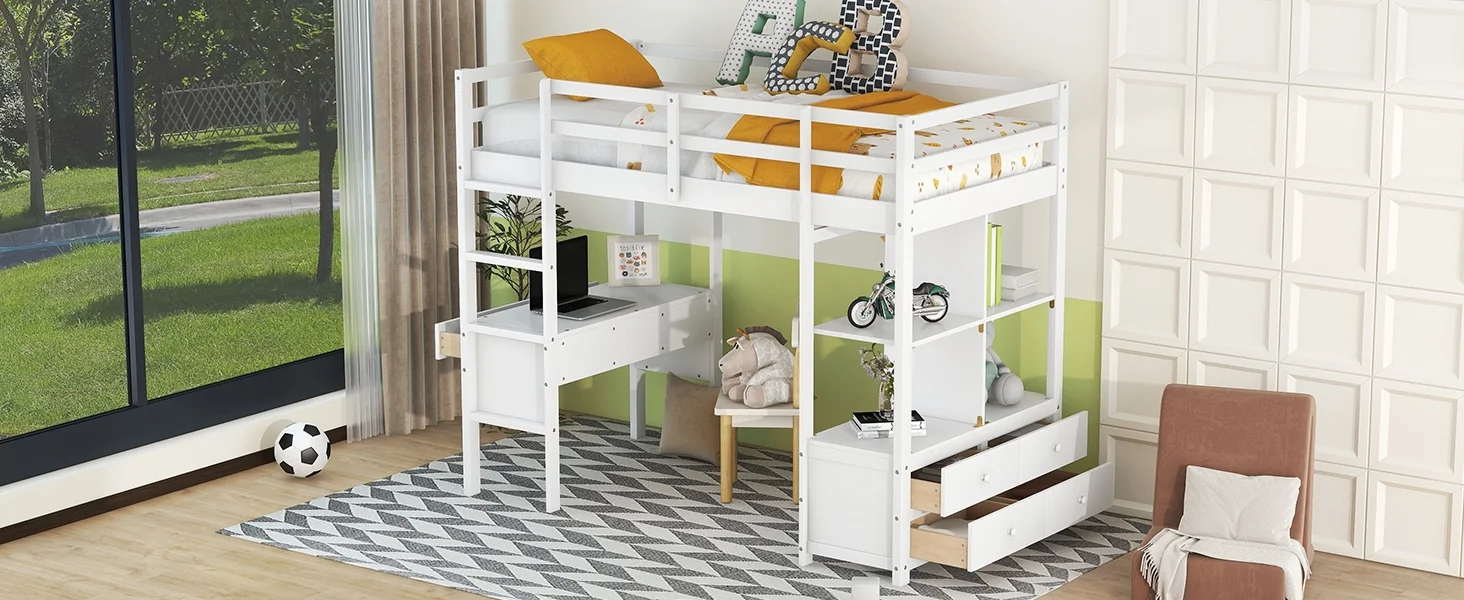 Royard Oaktree Twin Size Loft Bed with Built-in Desk and Storage Shelves with Drawers Wood Loft Bed Frame with Ladder and Guardrails, White