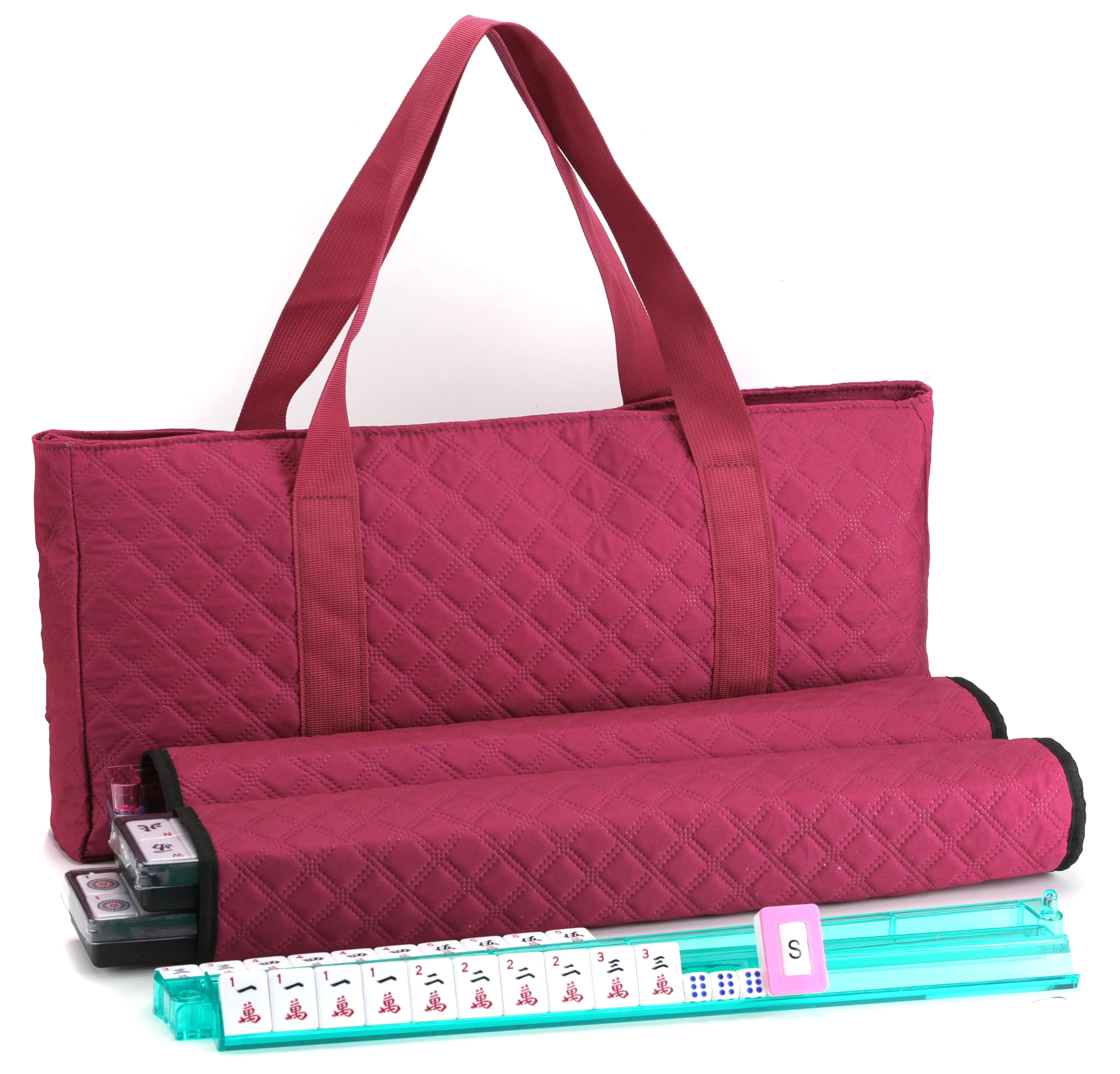 American Mahjong Game Set - Red (Burgundy) Quilted Soft Bag - 166 White Engraved Tiles, 4 All-in-One Rack/Pushers Complete Western Mah-Jongg, Maj Jongg, Ma Jong Set