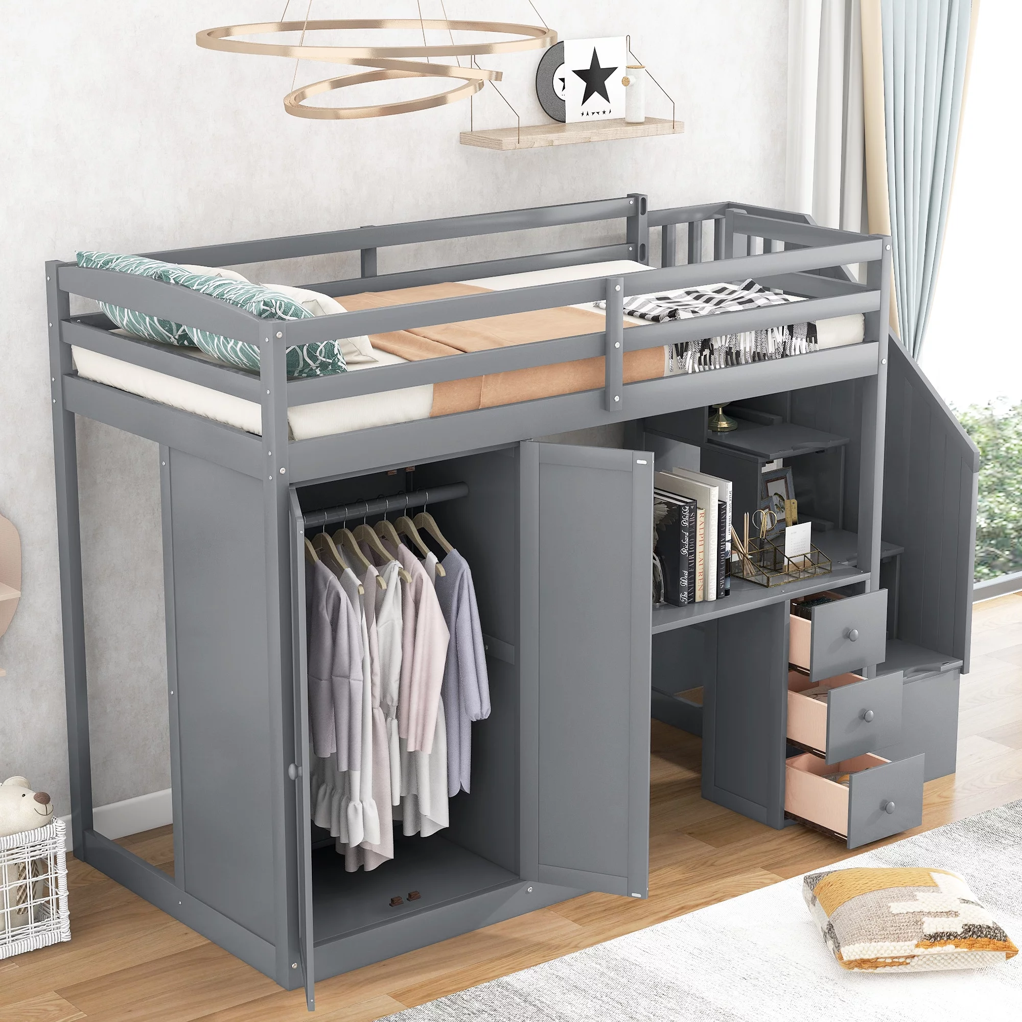 CoSoTower Twin Size Loft Bed With Wardrobe And Staircase, Desk And Storage Drawers And Cabinet In 1, Gray