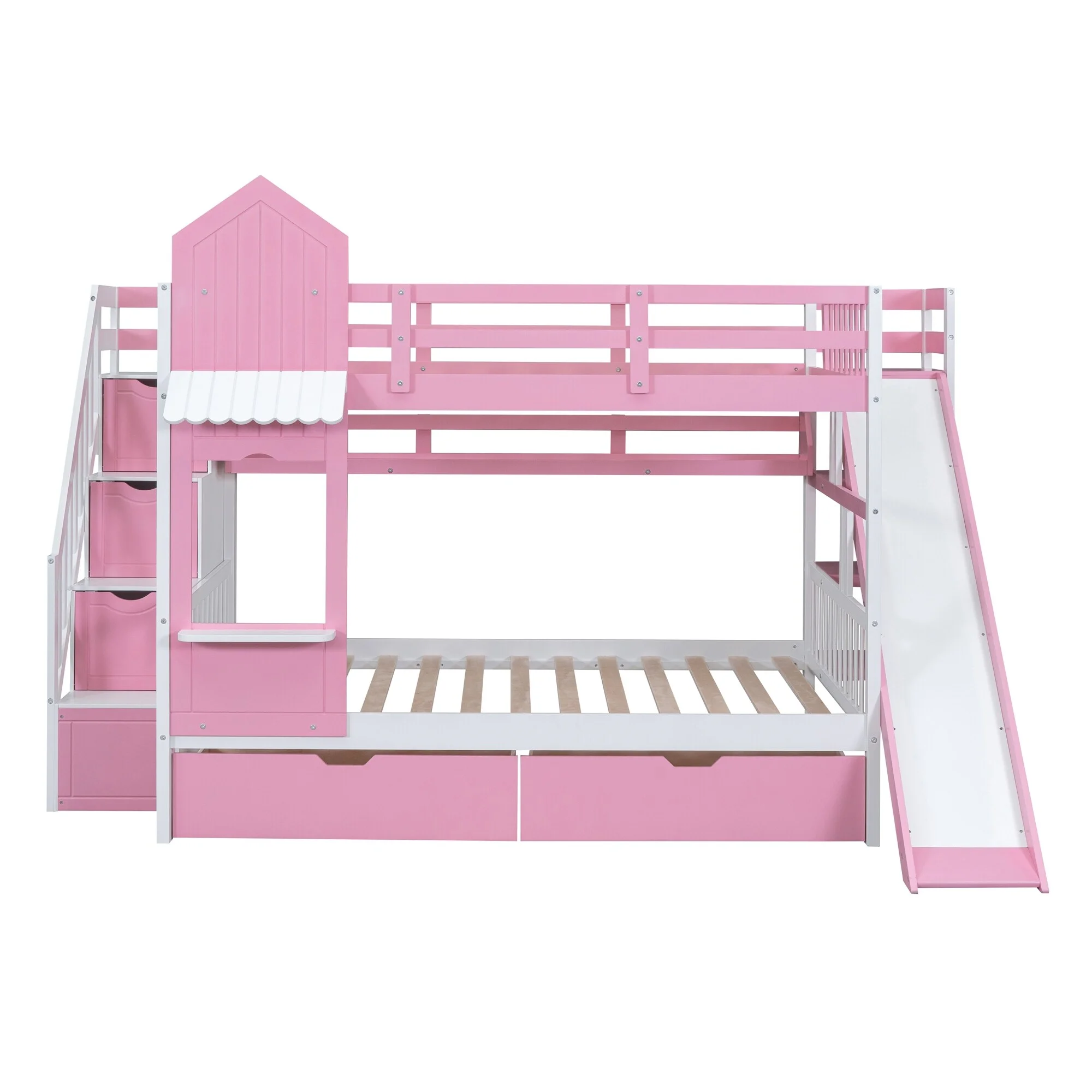 Castle Style Bunk Bed with 2 Drawers, 3 Shelves and Slide Pink - Full