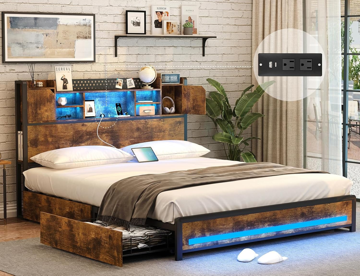 ONKER LED Bed Frame Full Size with Storage Headboard & 4 Storage Drawers, Full Bed Frame with Outlets and USB Ports, Metal Platform Bed Full with LED Lights, No Box Spring Needed, Vintage Brown