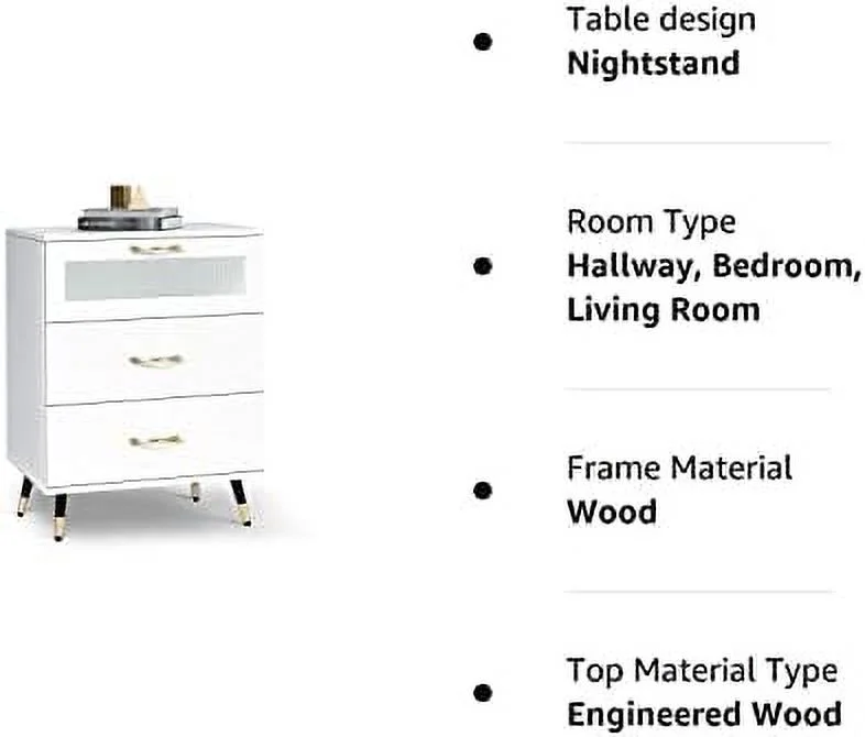 HBBOOMLIFE White Nightstand Modern 3 Drawer Nightstands  Bedroom Dresser Accent Bedside Cabinet End Side Table Modern Night Stand Perfect for Bedroom Living Room Accessories White (White