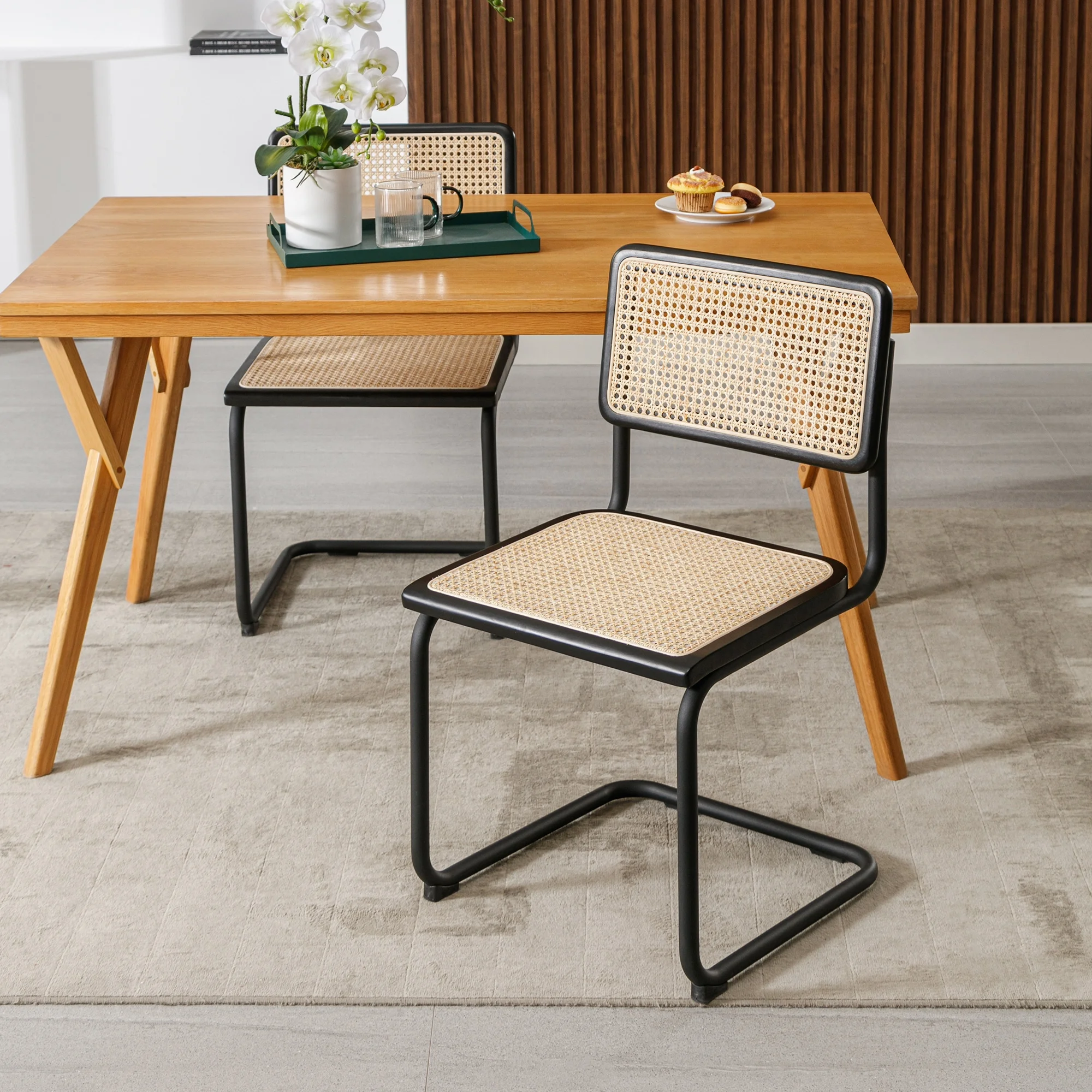 ONEVOG Rattan Dining Chairs Set of 2, Mid Century Modern Kitchen Chairs with Black Meal Legs, Armless Cane Chairs, Black