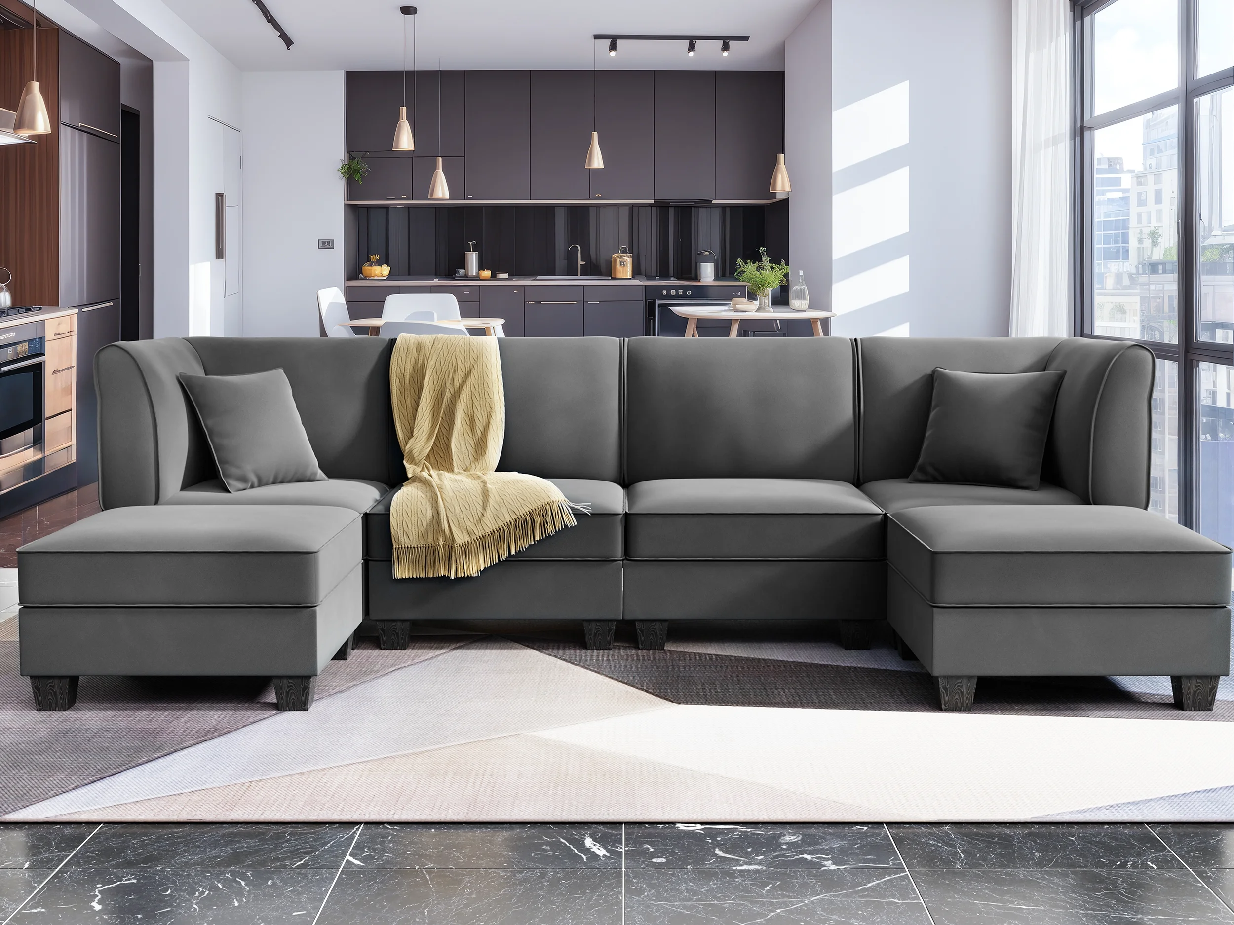 Walsunny Modular Sectional Sofa with Reversible Chaise, U-Shape Convertible Sectional Walsunny Couch with 6 Seats, Velvet Modern Sleeper with Ottomans