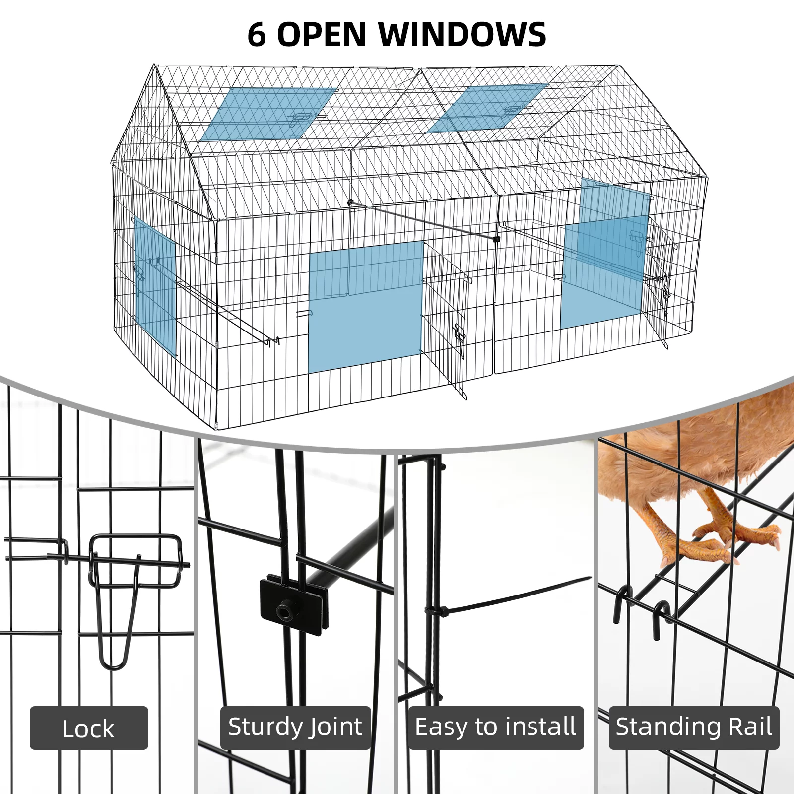 RichYa Metal Chicken Coop Duck Cage Pens Crate Fence Pet Playpen with 6 Doors