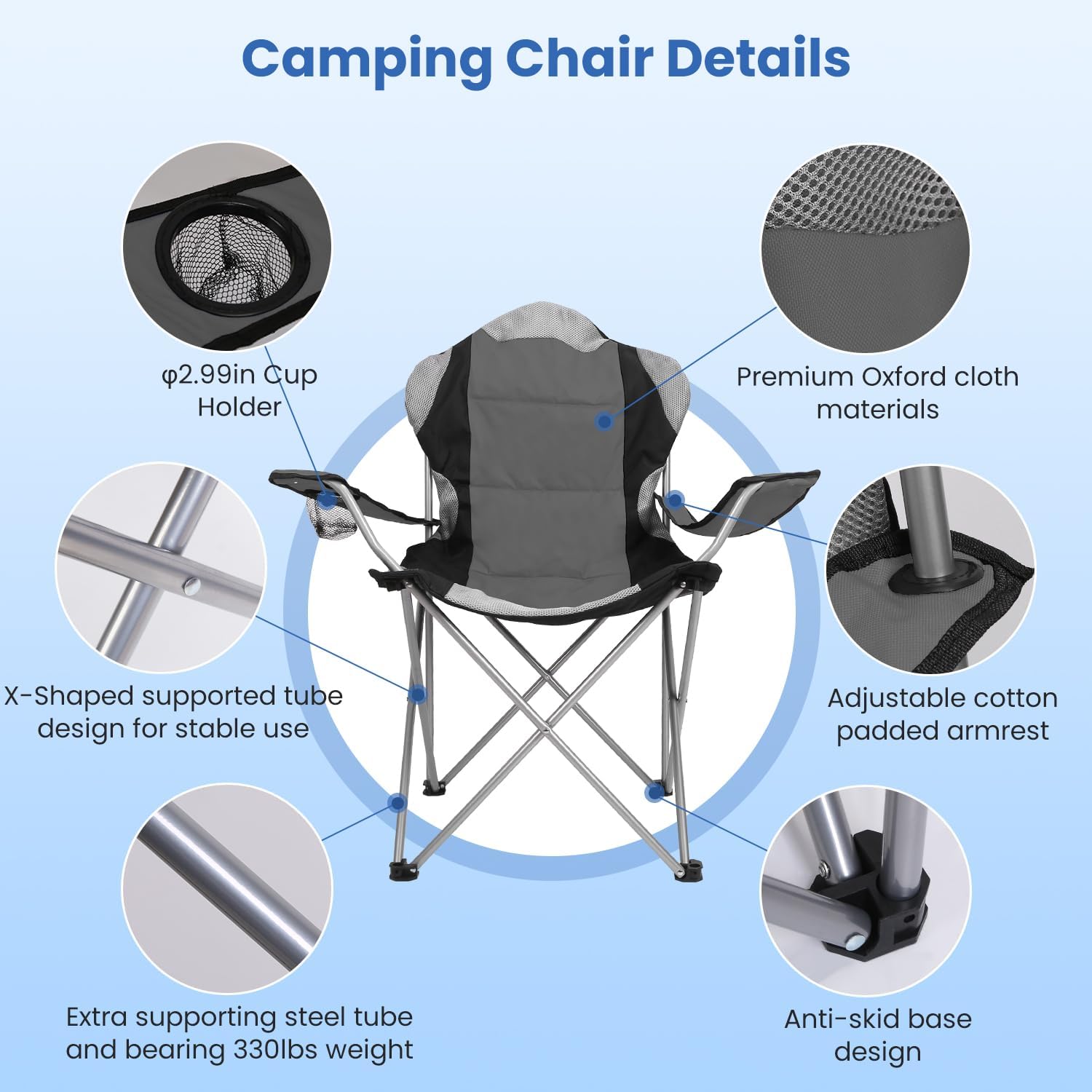 Foldable Camping Chair Heavy Duty Steel Lawn Chair Padded Seat Arm Back Beach Chair 330LBS Max Load with Cup Holder Carry Bag （Grey)