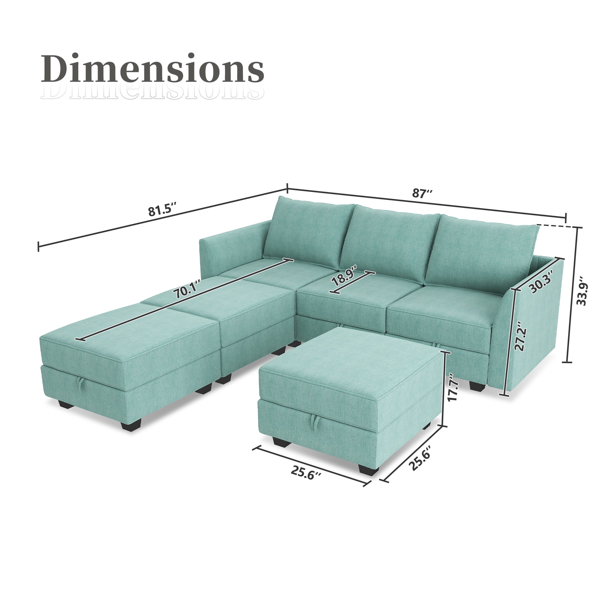 HONBAY Modern Convertible 6 Pieces Fabric Sleeper Sectional Couch Sofa Bed with Storage Ottomans, Aqua Blue