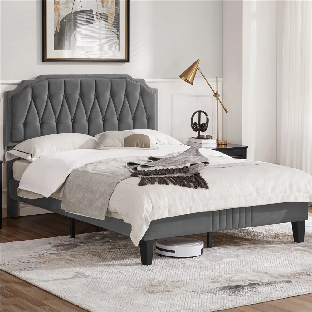 Easyfashion Upholstered Full Bed with Adjustable Headboard for Adult, Dark Gray