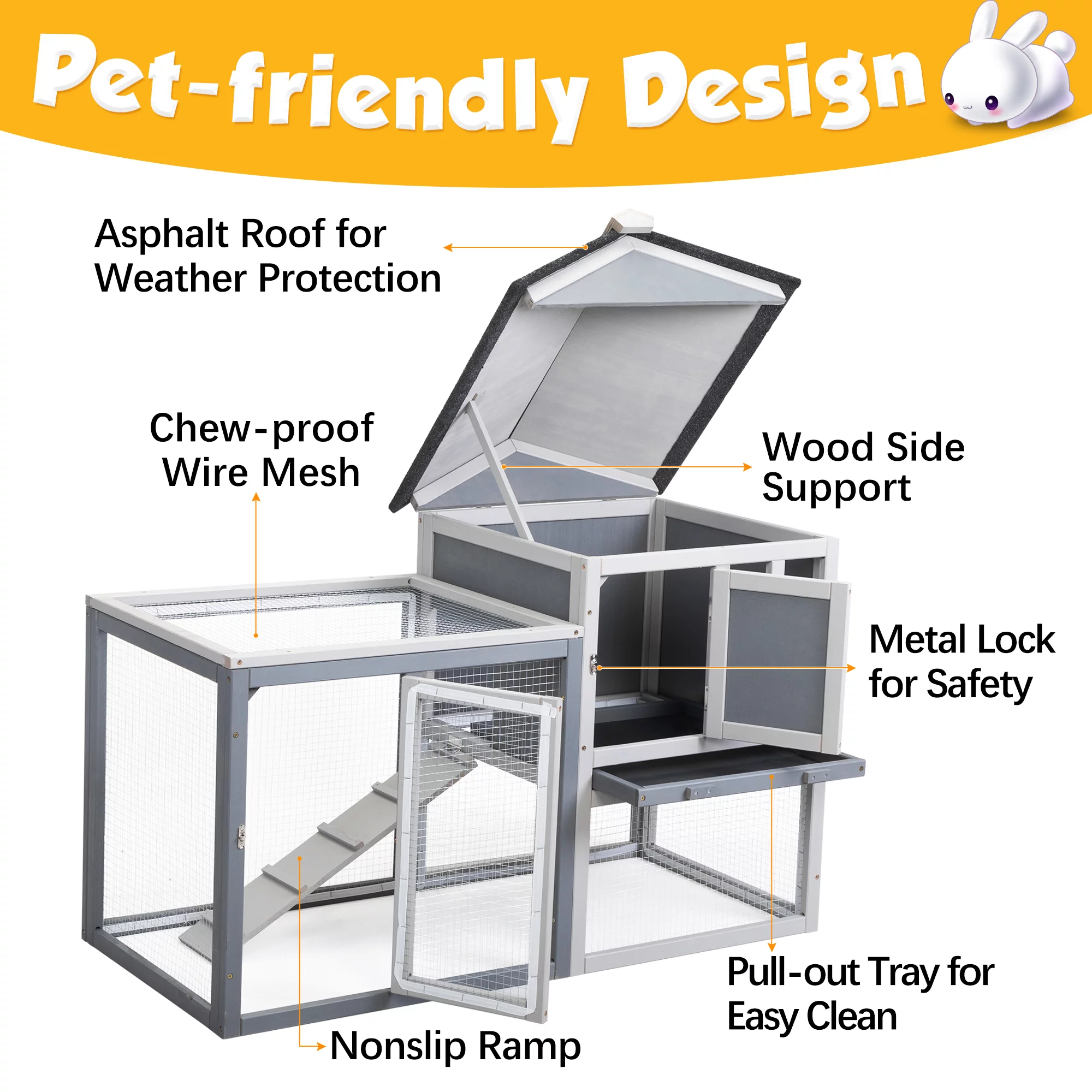 Coziwow Wooden Rabbit Hutch Small Animal Cage Guinea Pig Coop W/ Openable Roof, Gray