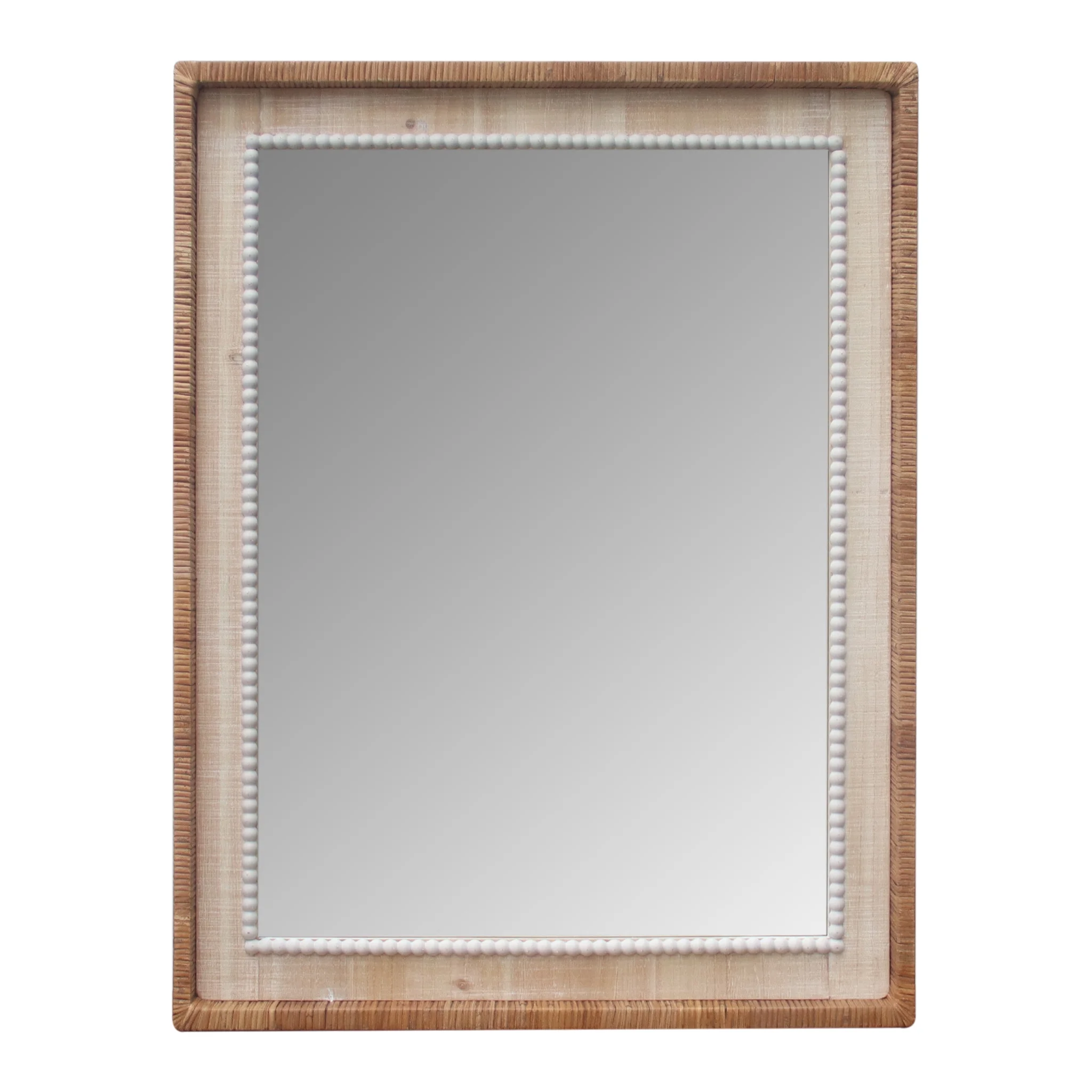 Parisloft Rectangular Bead Accent Rattan and Wood Wall Mirror, Farmhouse Wall Mirror, Brown and White, 25.8 x 33.75 inches