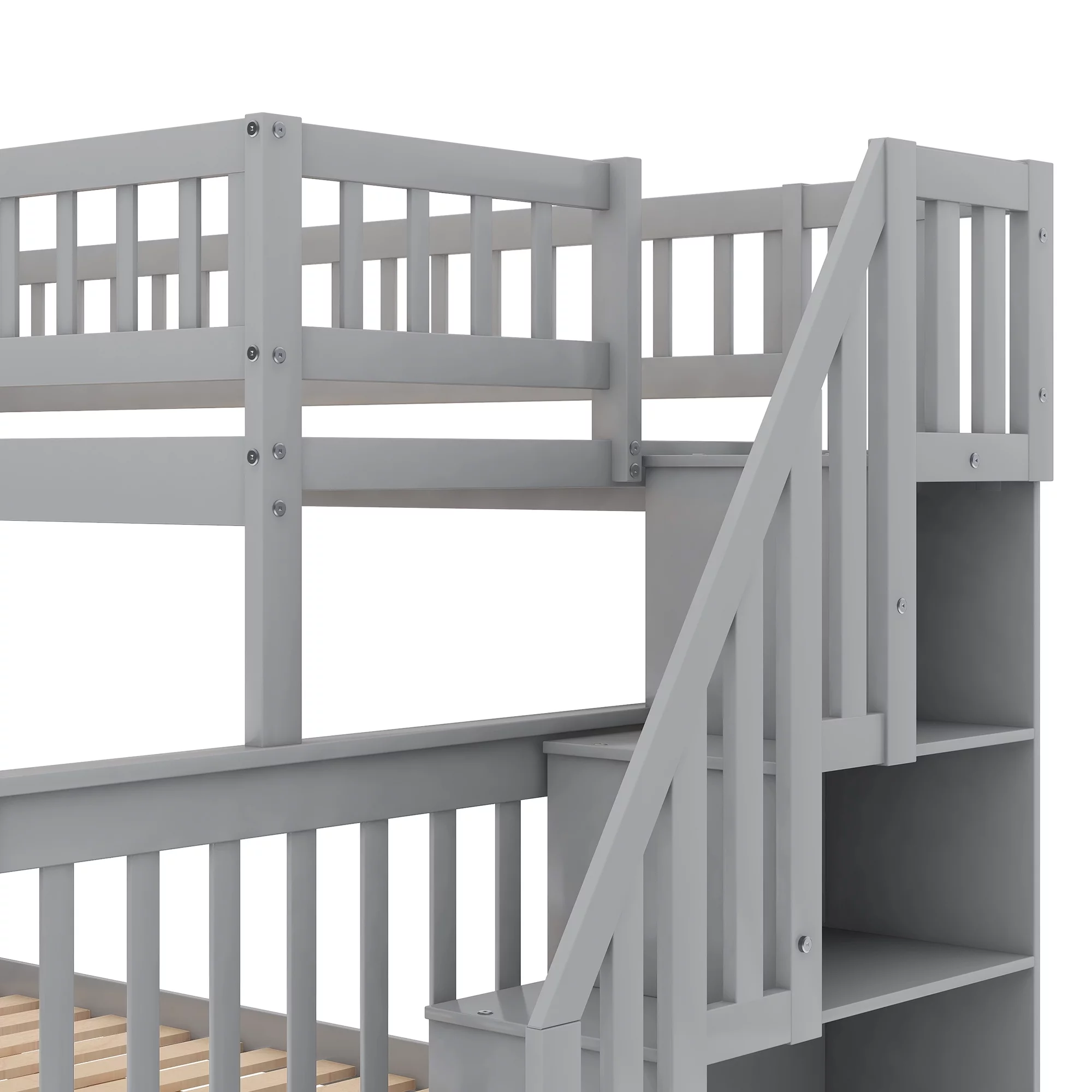 Leadzm Twin over Full Bunk Bed with Trundle and Staircase,Gray
