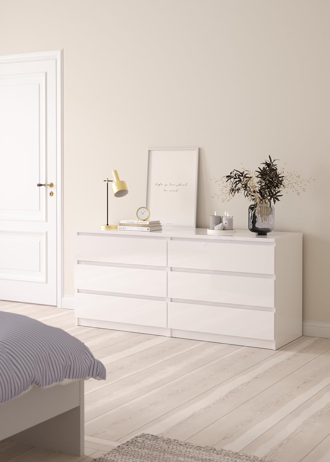 ONKER Scottsdale 6 Drawer Double Dresser, White High Gloss