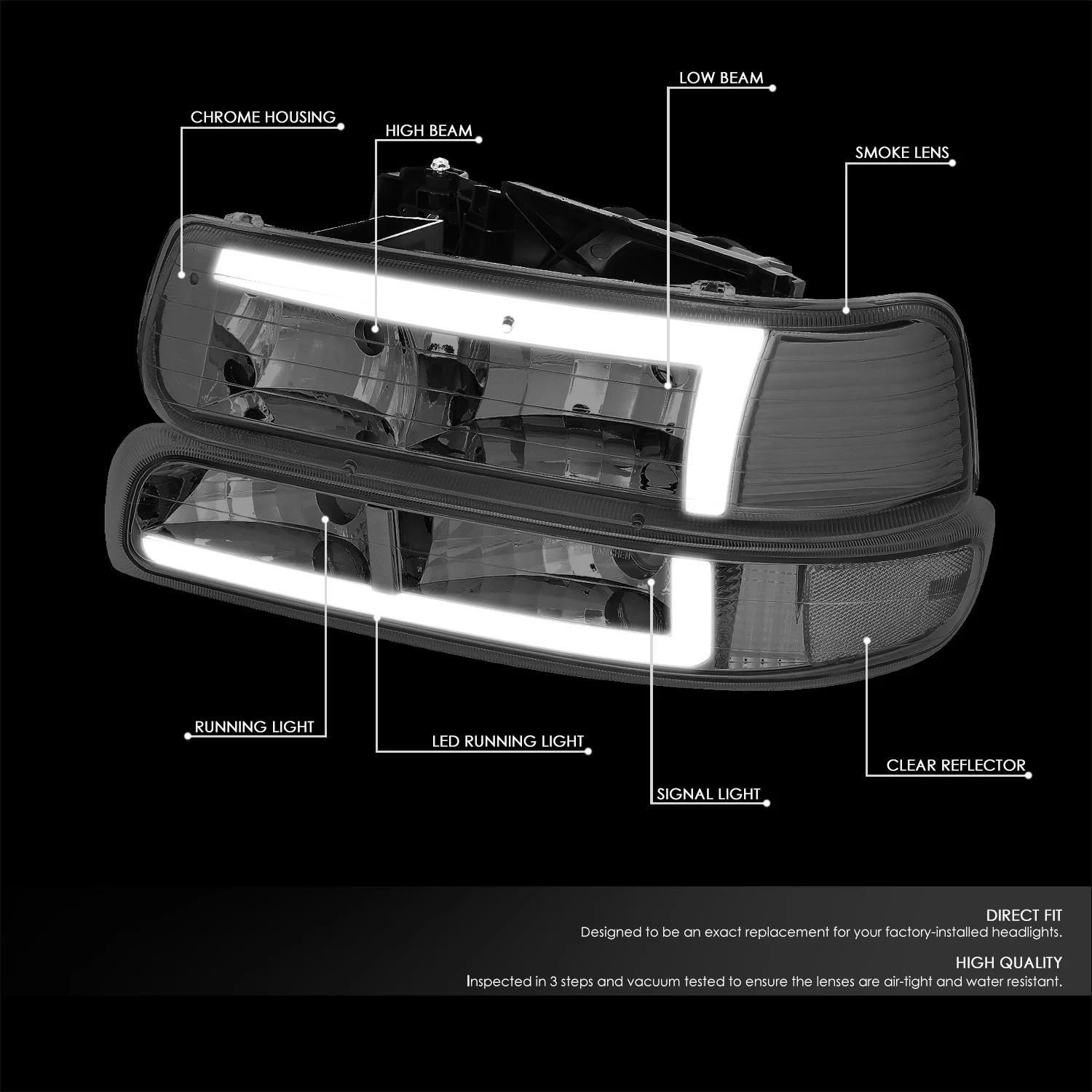 DNA Motoring 3D LED DRL Headlight Bumper Signal Lamp for 1999-2006 Silverado Suburban Tahoe Chrome/Smoked 00 01 02 03 04 05