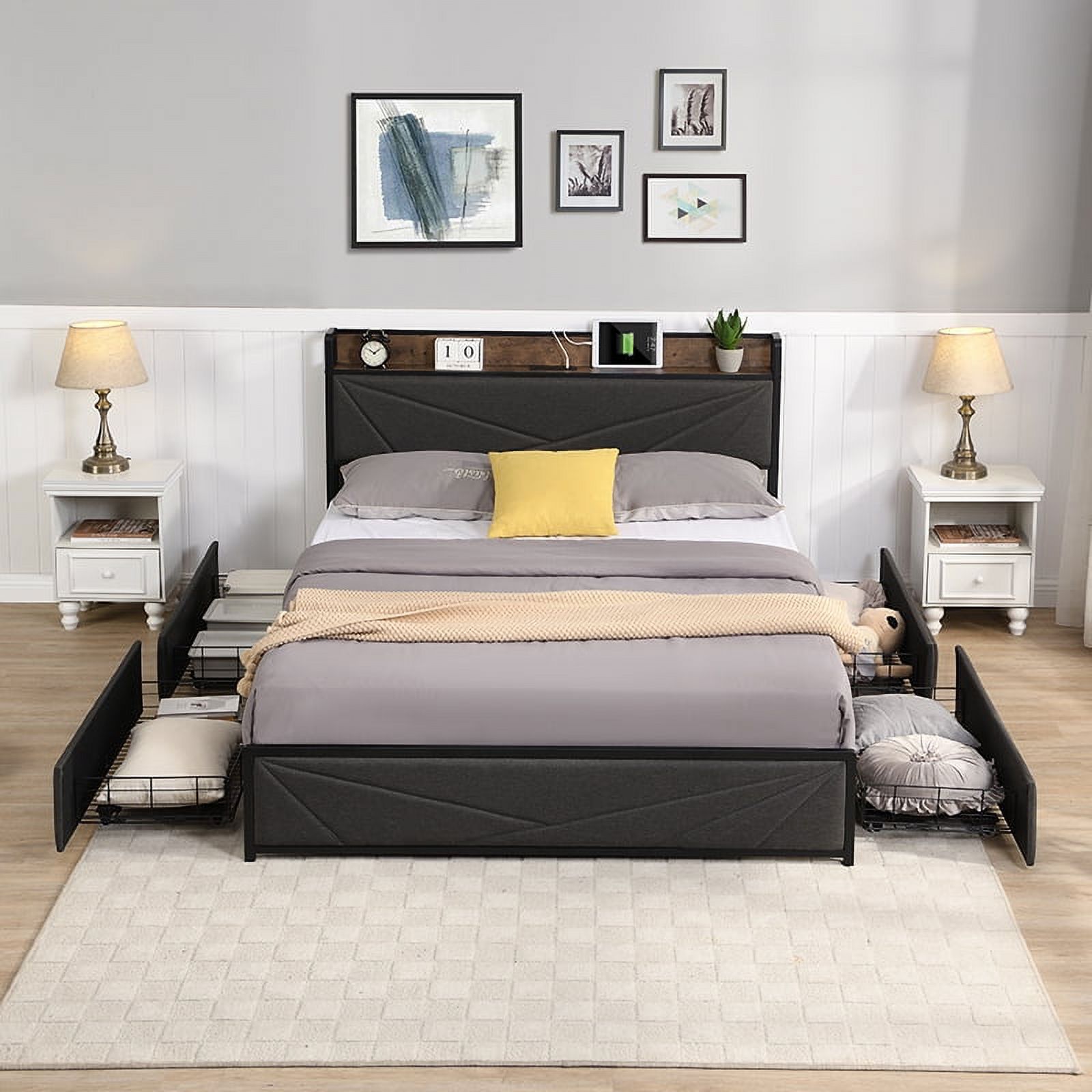 CoSoTower Queen Bed Frame, Storage Headboard with Charging Station, Solid and Stable, Noise Free, No Box Spring Needed, Easy Assembly