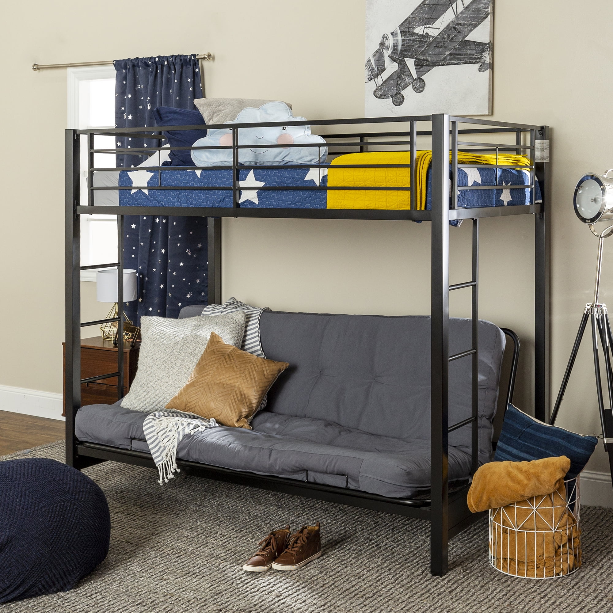 Walker Edison Premium Metal Twin Over Futon Bunk Bed - Black, Mattresses Not Included