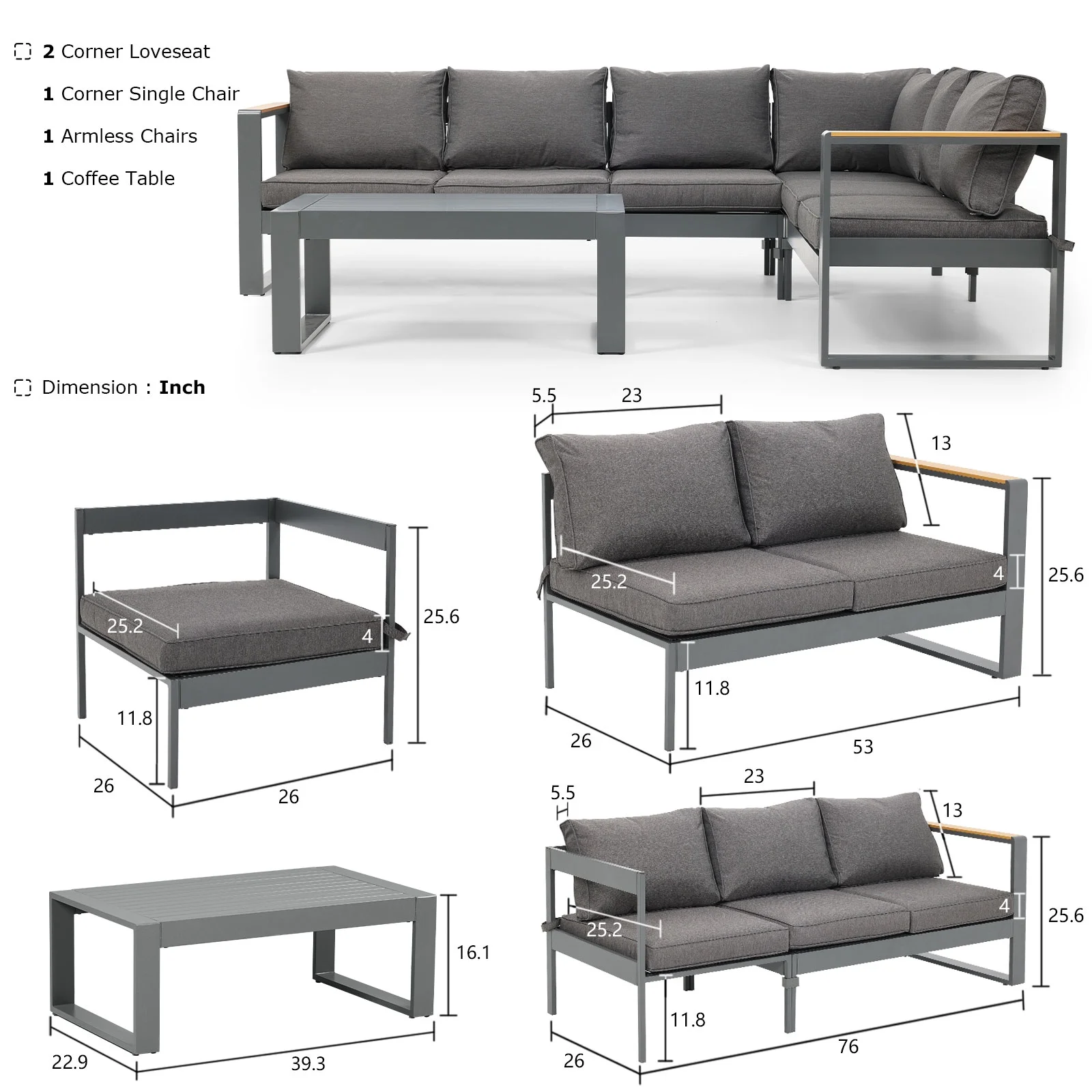 Aoodor 5 Pieces Aluminum Sectional Patio Furniture Set - Modern Outdoor Metal Sofa with Thick Cushions, Weather-Resistant L-Shaped Design, Easy Assembly - Ideal for Balcony, Backyard, and Garden D