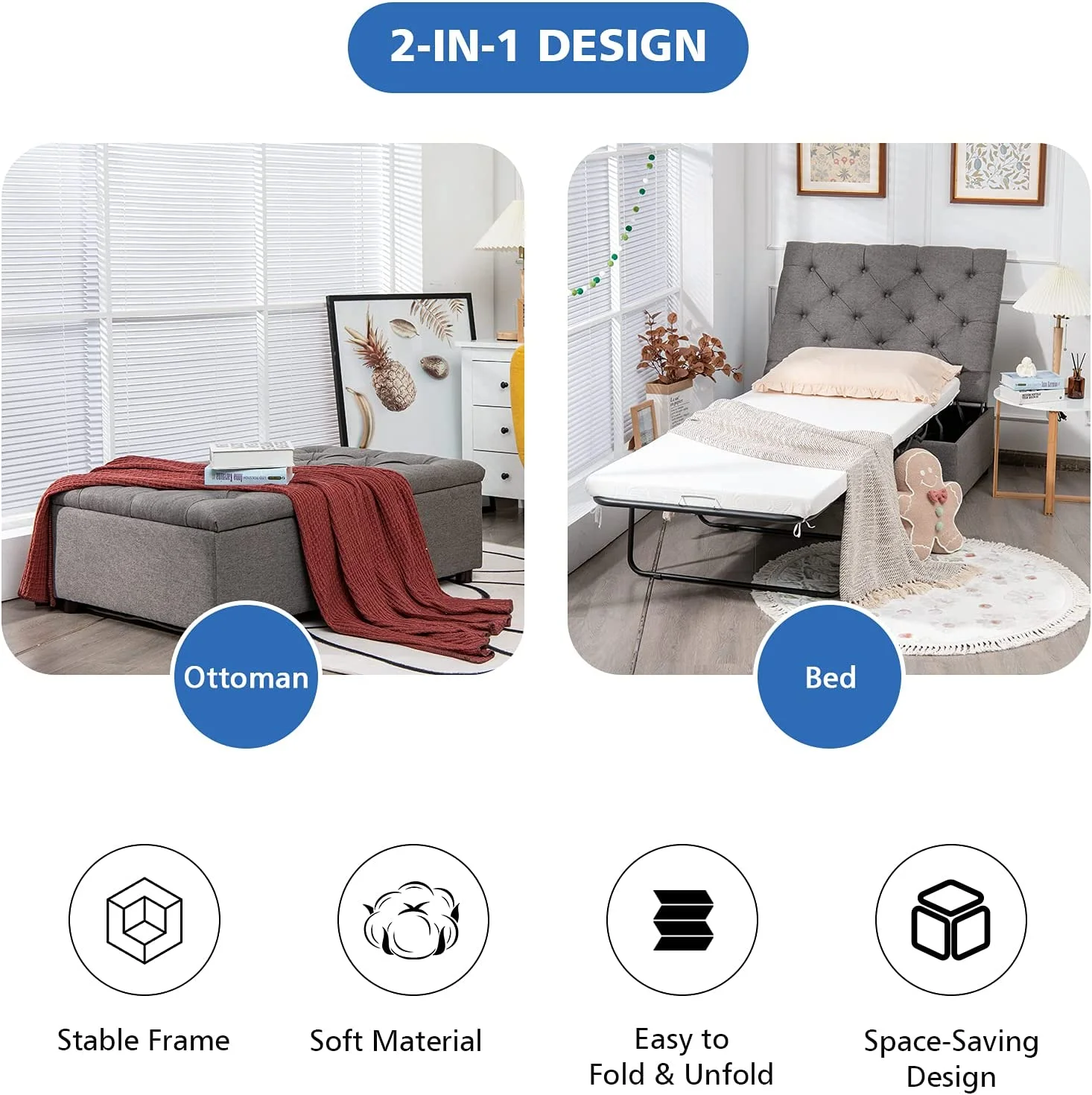 Ottoman Folding Bed, Fold Out Sleeper Bed with Mattress, Convertible Chair into Sofa Bed, Couch Sleeper w/Steel Frame, Dual Use Guest Bed Lounge Bed, Living Room Bedroom Office (Grey)
