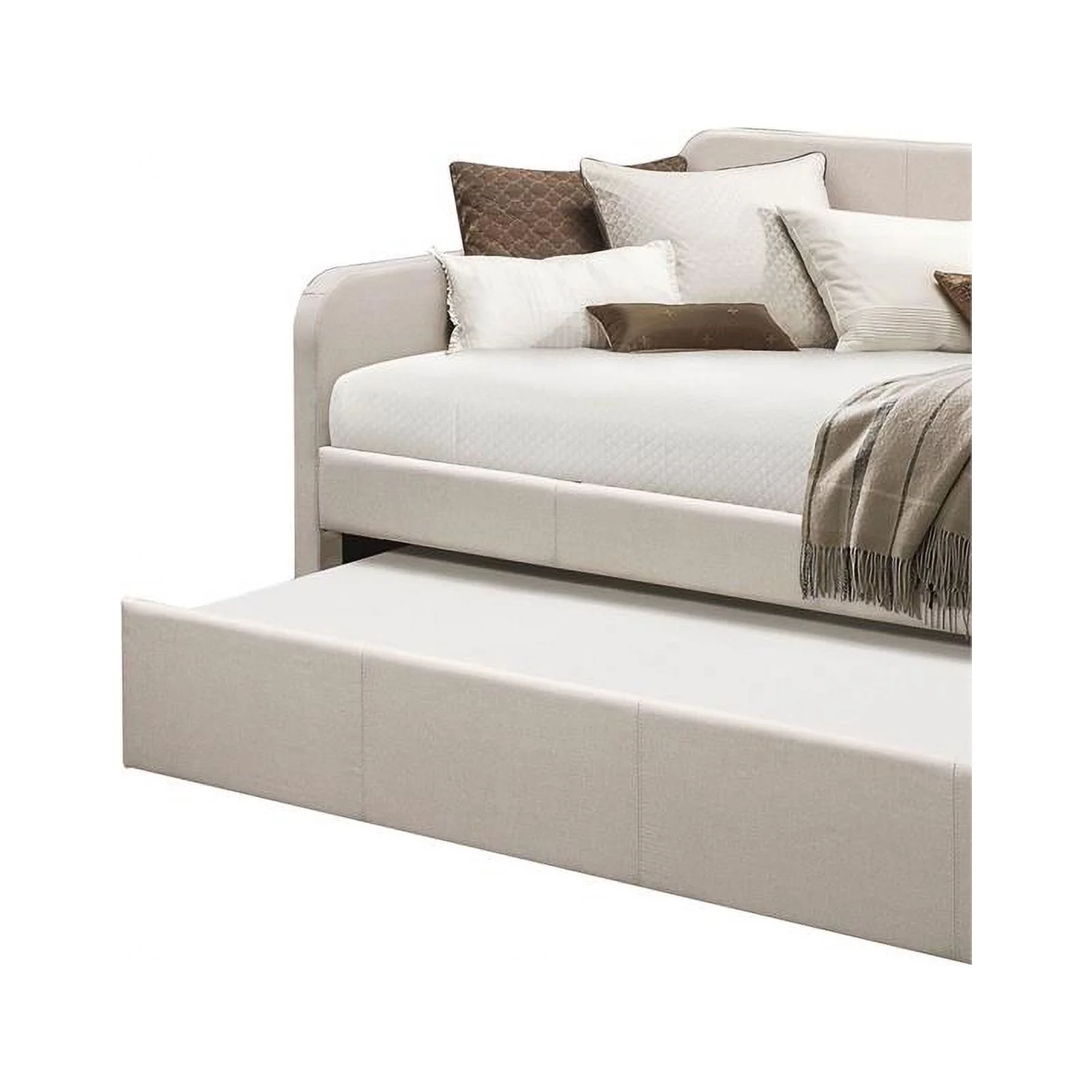 Fabric Upholstered Wooden Day Bed with Trundle and Panel Back in Beige