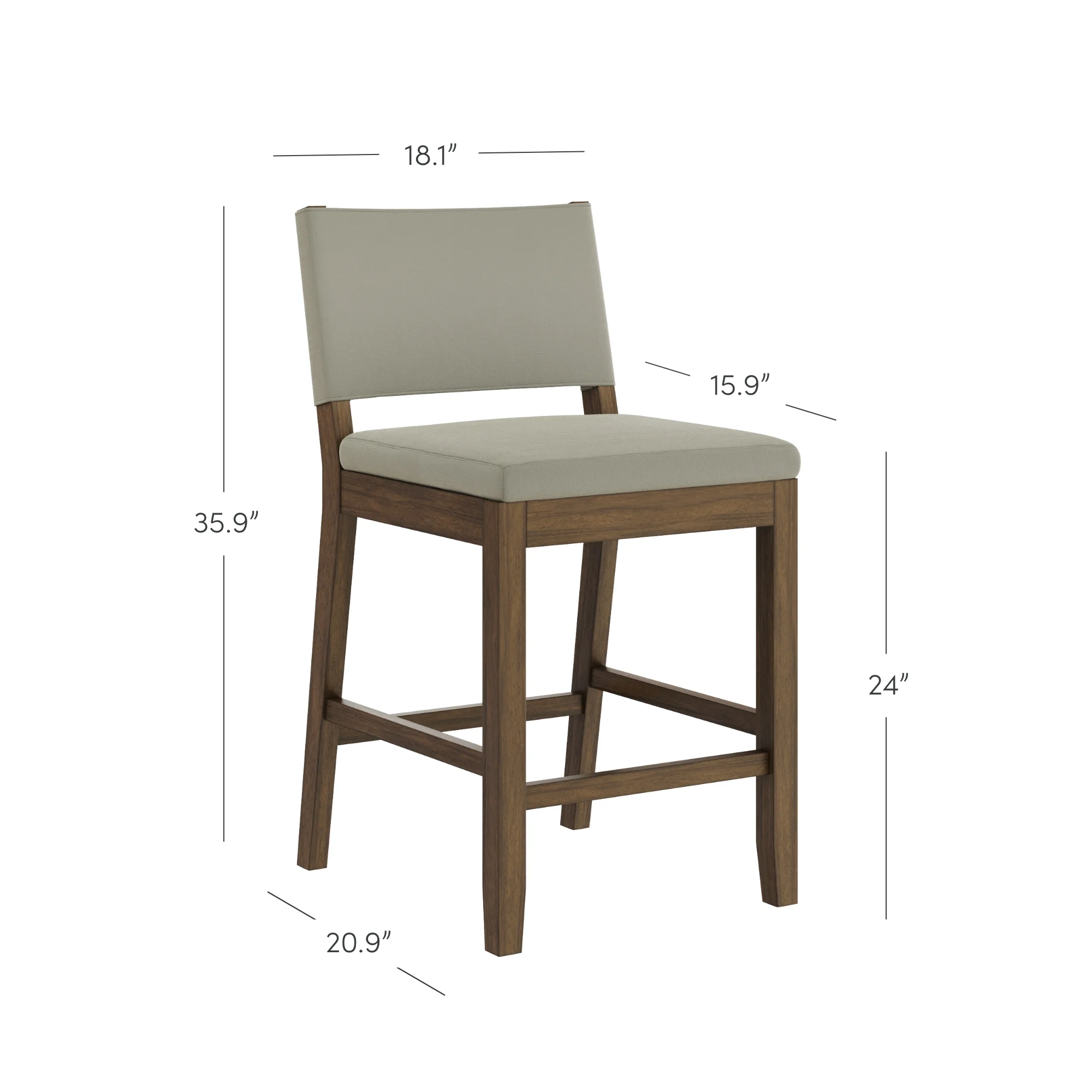 Nathan James Linus Modern Upholstered Counter Height Bar Stool with Back and Solid Rubberwood Legs in a Wire-Brushed BrownFinish, Light Grey/Brown