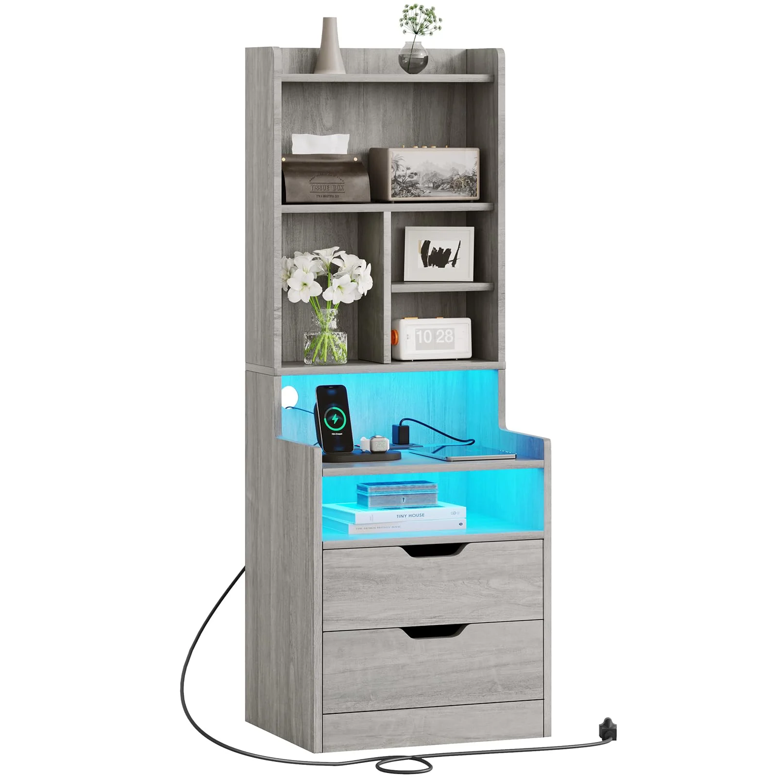 Afuhokles Night Stand with Charging Station and LED Lights, Tall Bedside Table with Drawers, Grey