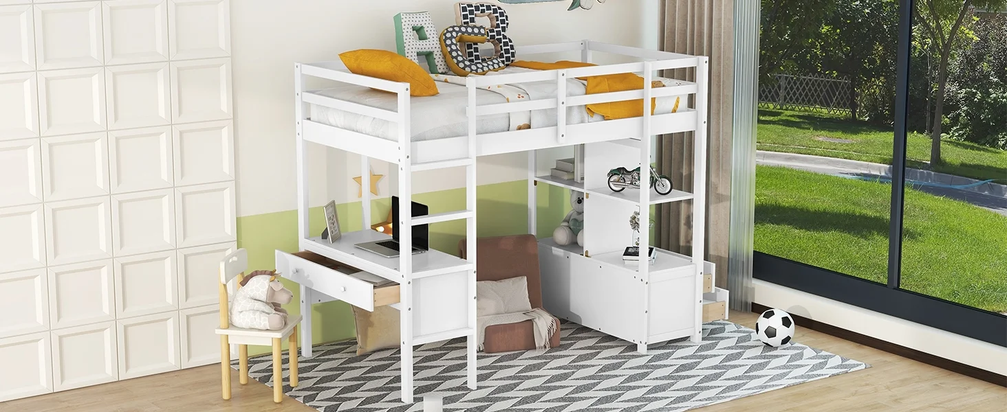 Royard Oaktree Twin Size Loft Bed with Built-in Desk and Storage Shelves with Drawers Wood Loft Bed Frame with Ladder and Guardrails, White
