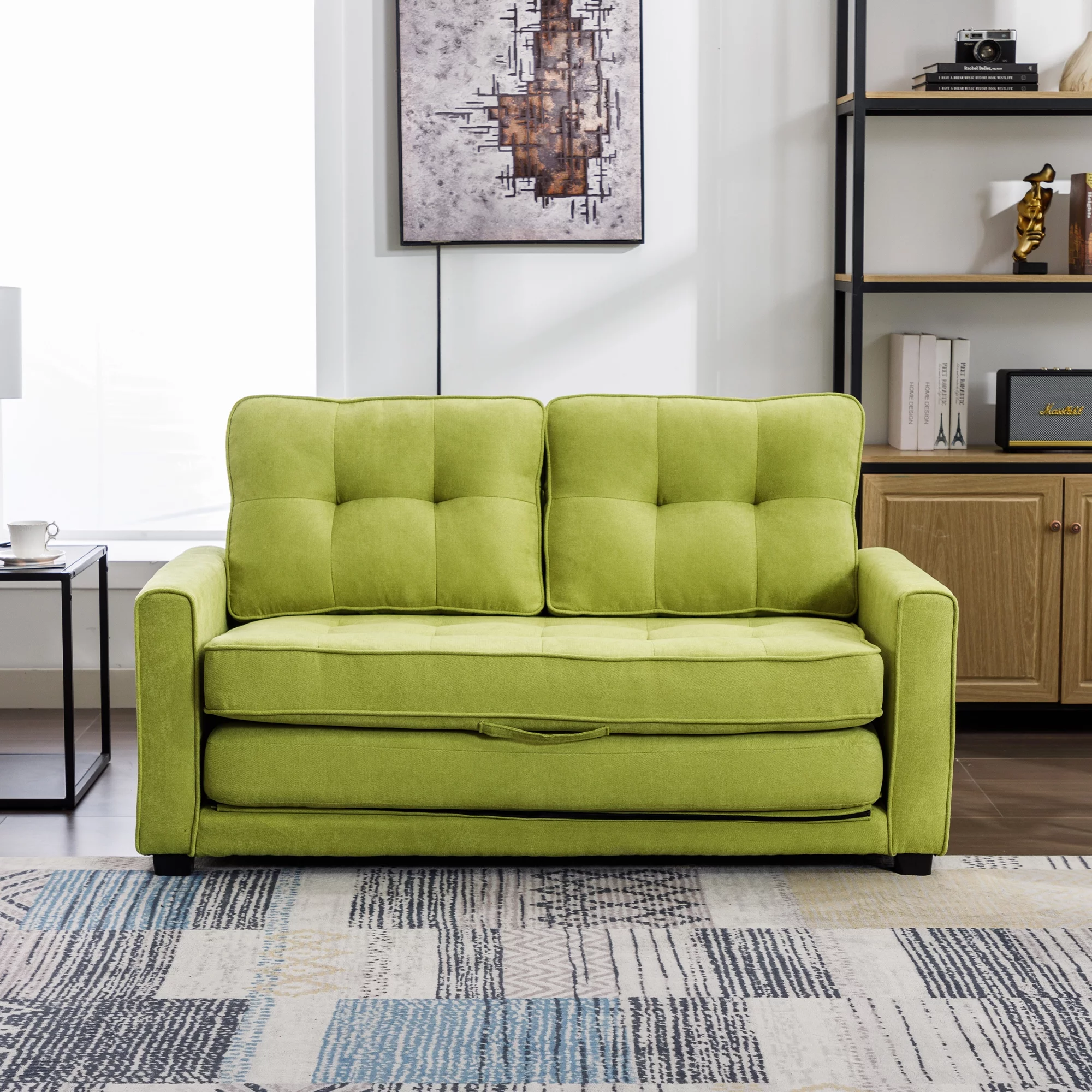 Churanty Convertible Sofa Bed Pull Out Sleeper Loveseat Sofa Chenille Upholstered Couch with Side Pockets for Small Space,Green