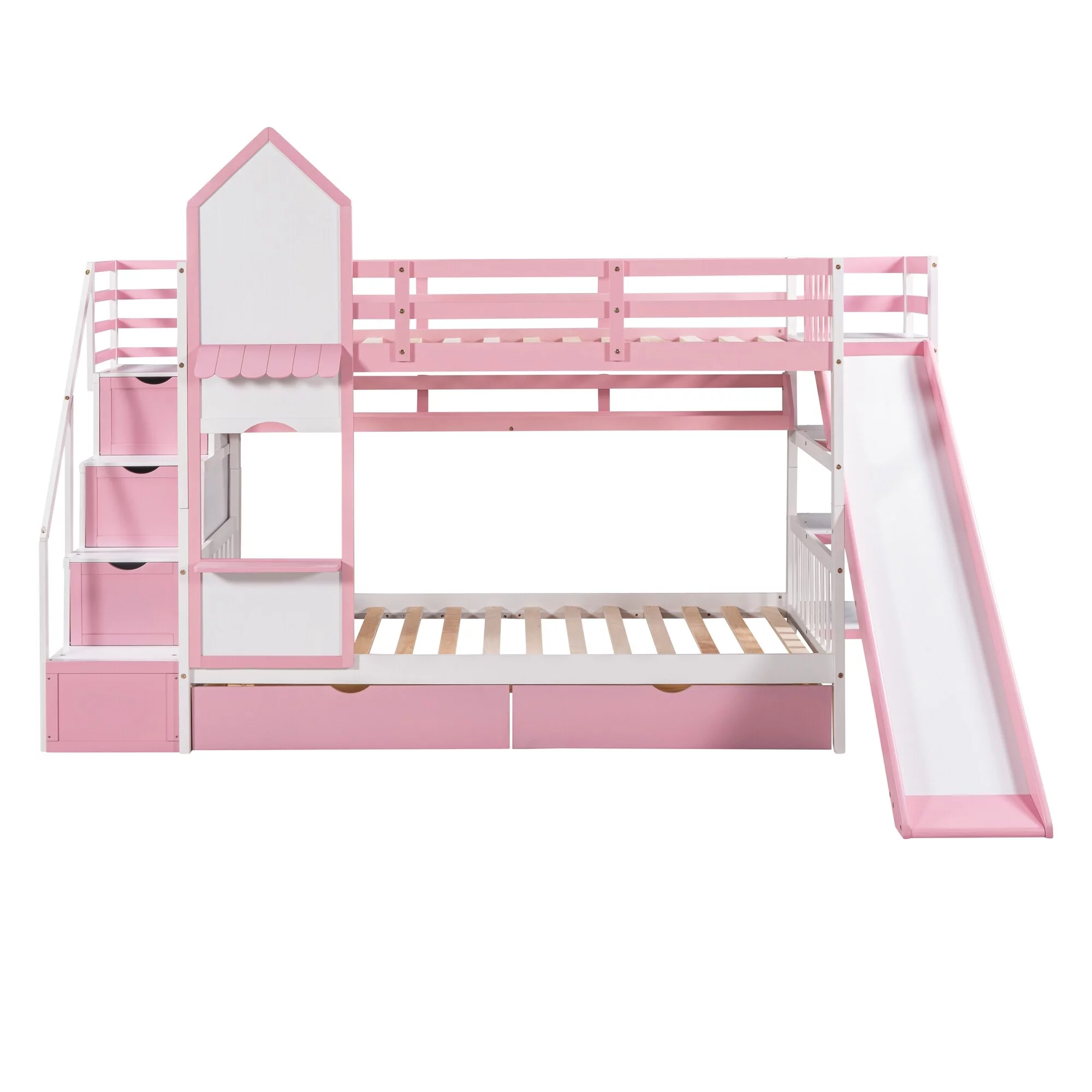 Twin Castle Style Bunk Bed with 2 Drawers, 3 Shelves and Slide, Pink