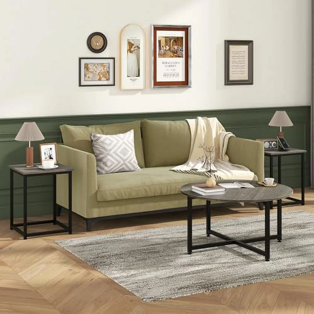 HYHBIBOOM Round Nesting Table Set of 3  Farmhouse Coffee Table w/2 End Tables  Sturdy Metal Frame  3-Piece Wooden Living Room Table Set for Home Office  Apartment (Black Oak)