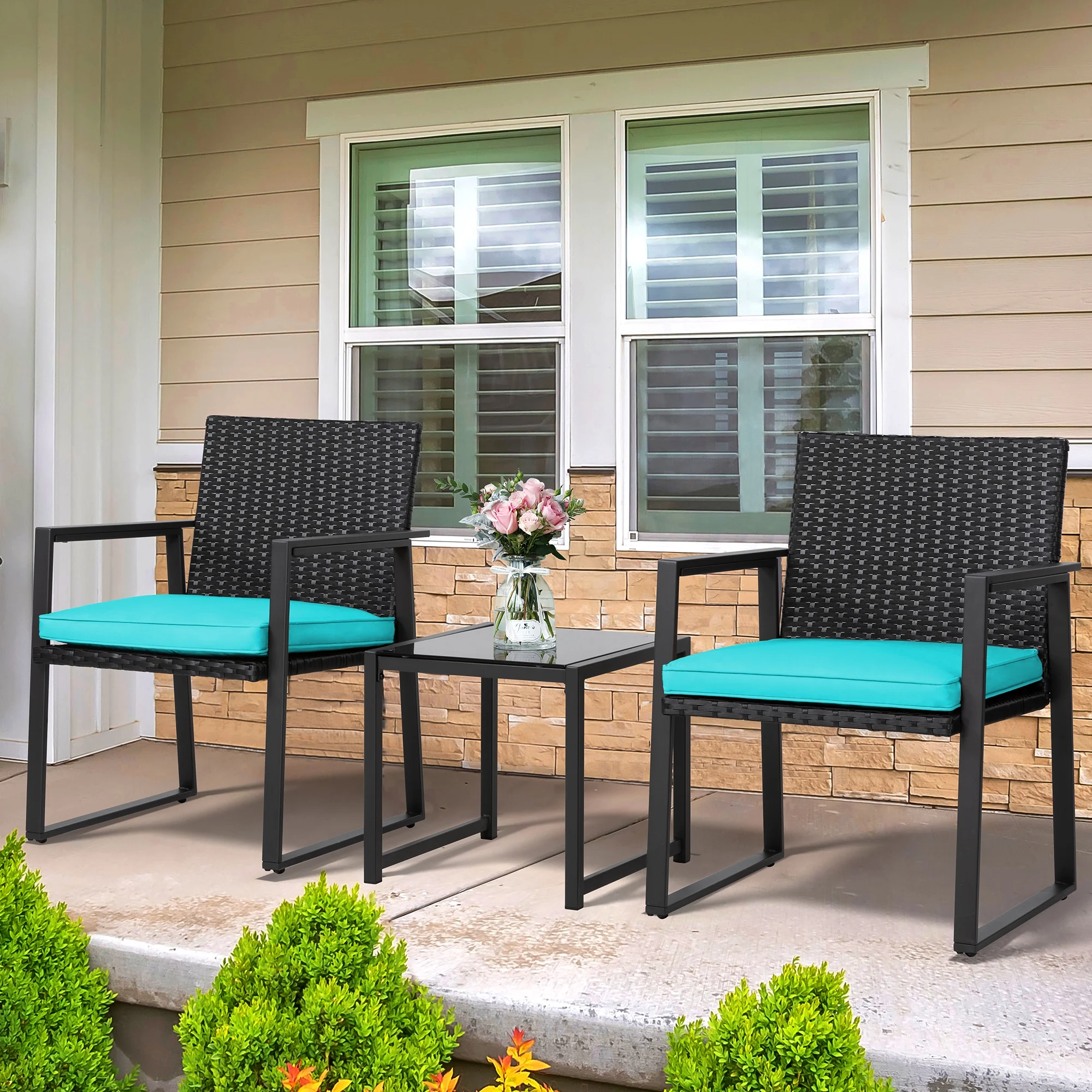 3 Piece Patio Bistro Sets, Outdoor Rattan Chairs & Black Wicker Furniture Conversation Set Blue