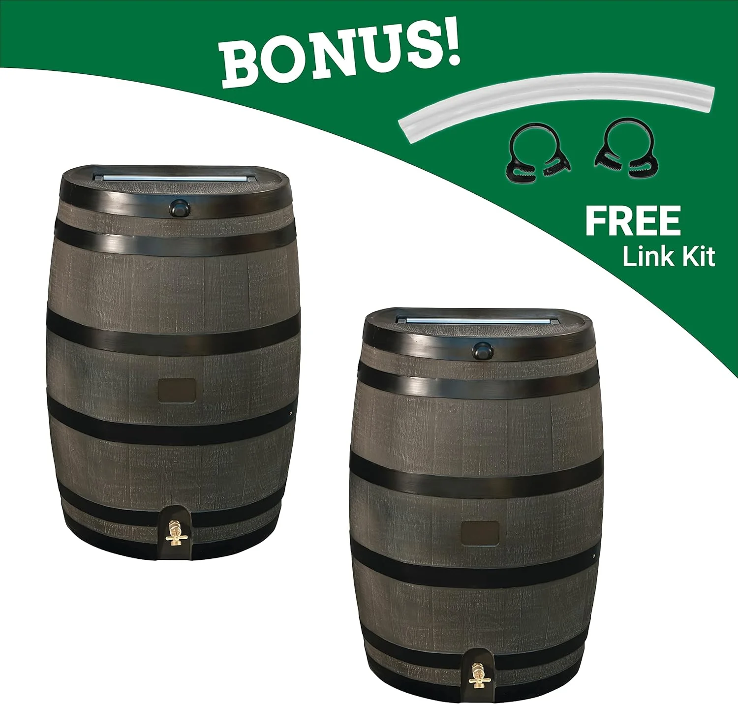 RTS Home Accents 50 Gallon Flat Back Rain Barrel With Kit, Woodgrain With Black Stripes (2 Pack)