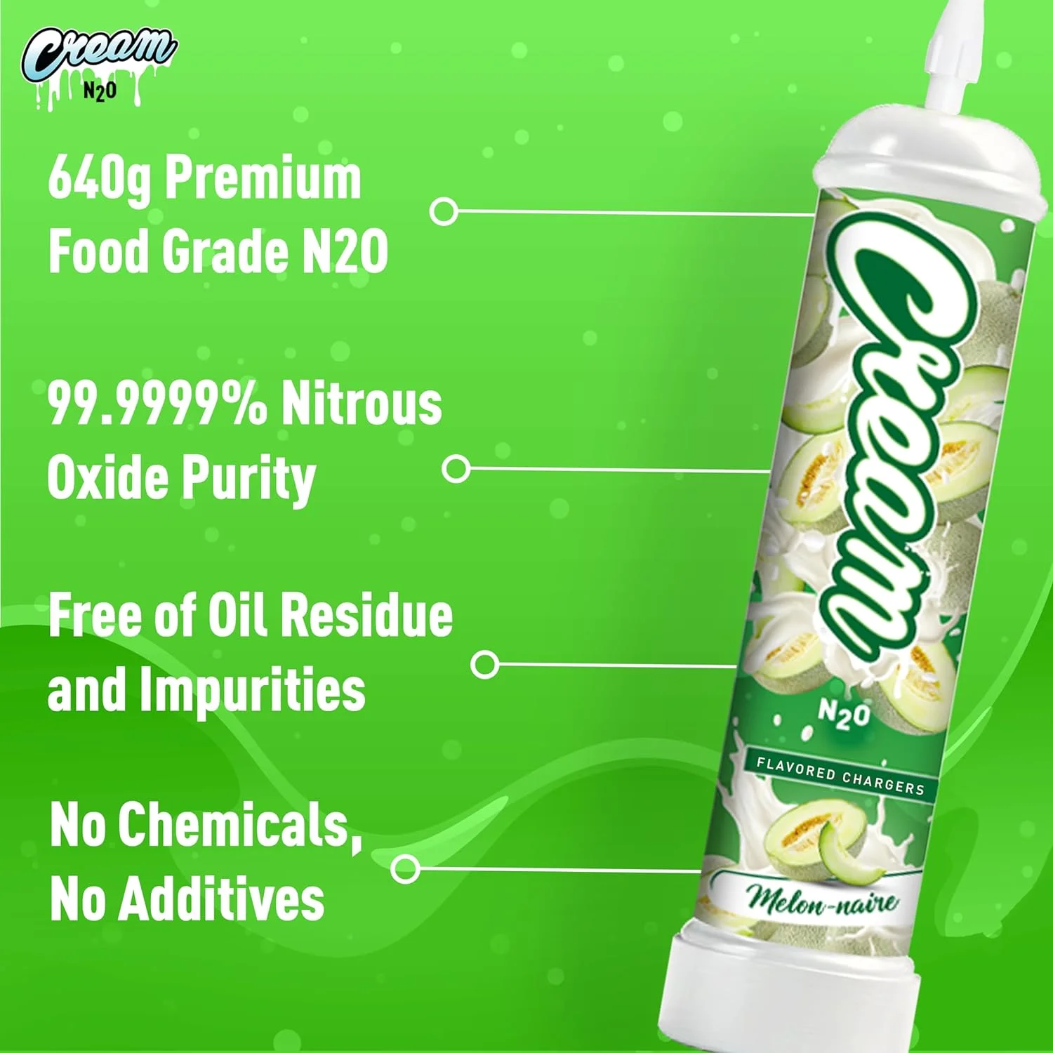 CREAM N2O Nitrous Oxide Whipped Cream Charger (Melon, 1pc, 640g 1.1L) - Nitrous Tank Whip Cream Charger, Nitrous Oxide Canister, N20 Whipped Cream Chargers, Whip It NO2 Cartridges, Nitrous Oxide Tank