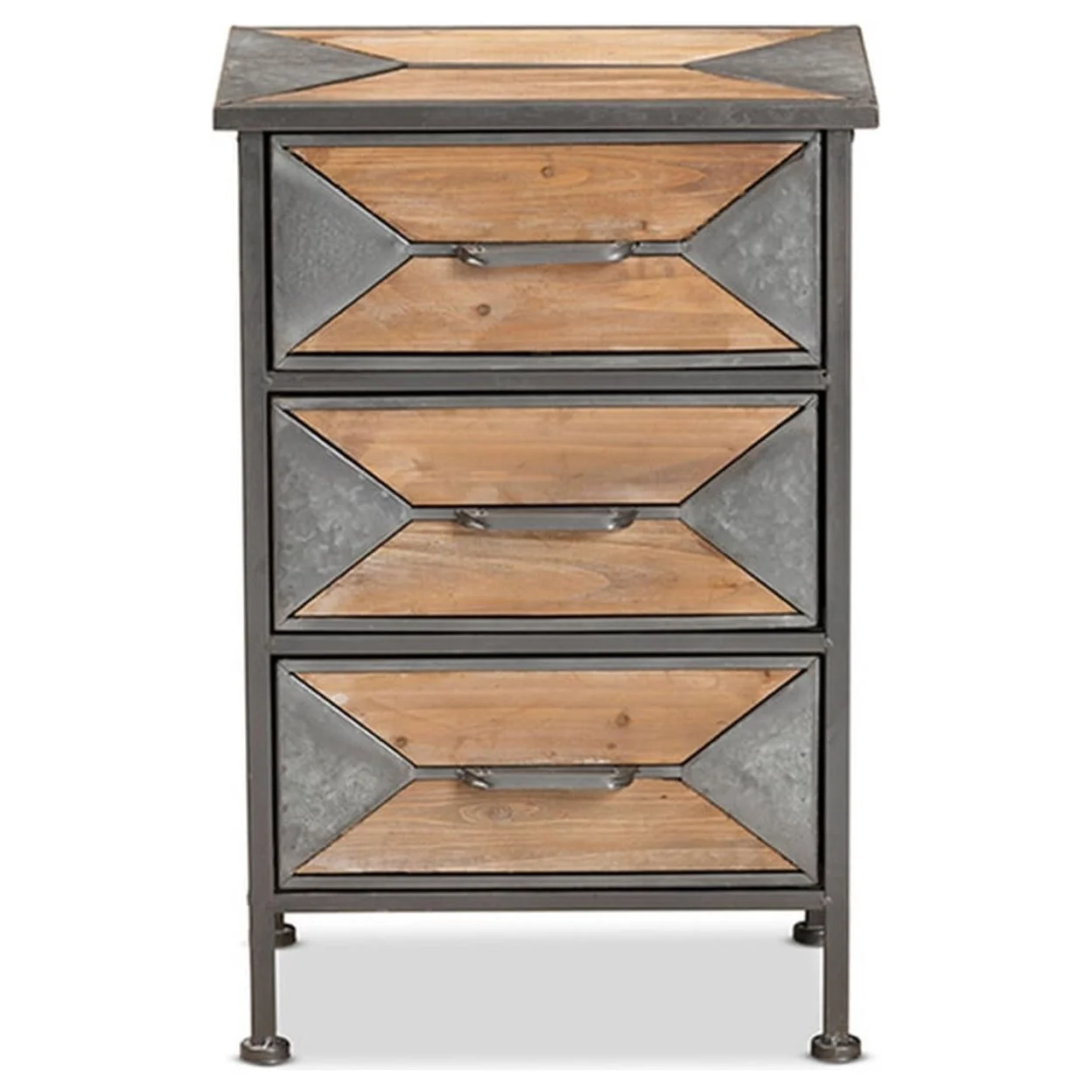 Baxton Studio Laurel Rustic Industrial Antique Grey Finished Metal and Whitewashed Oak Brown Finished Wood 3-Drawer