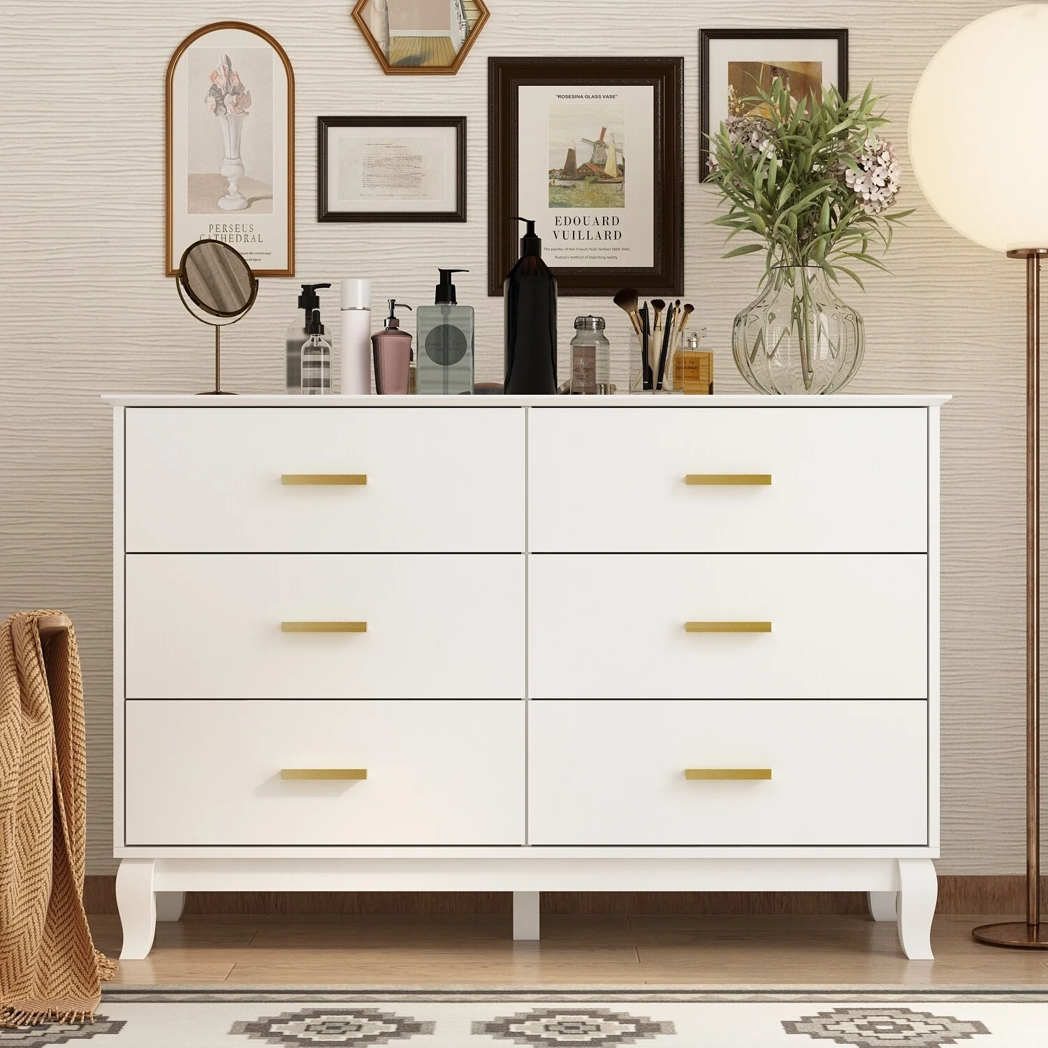 FUFU&GAGA  47.2''W 6 Drawer Double Dresser Drawer Storage Chest Lacquer White