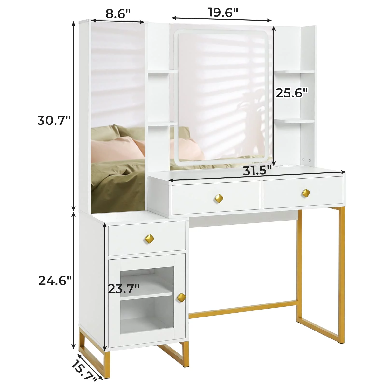 Makeup Vanity Desk with Lighted LED Mirror & Charging Station, Large LED Vanity Desk Dressing Table with 3 Drawers&RGB Cabinet&Nightstand for Women Girls, White&Gold