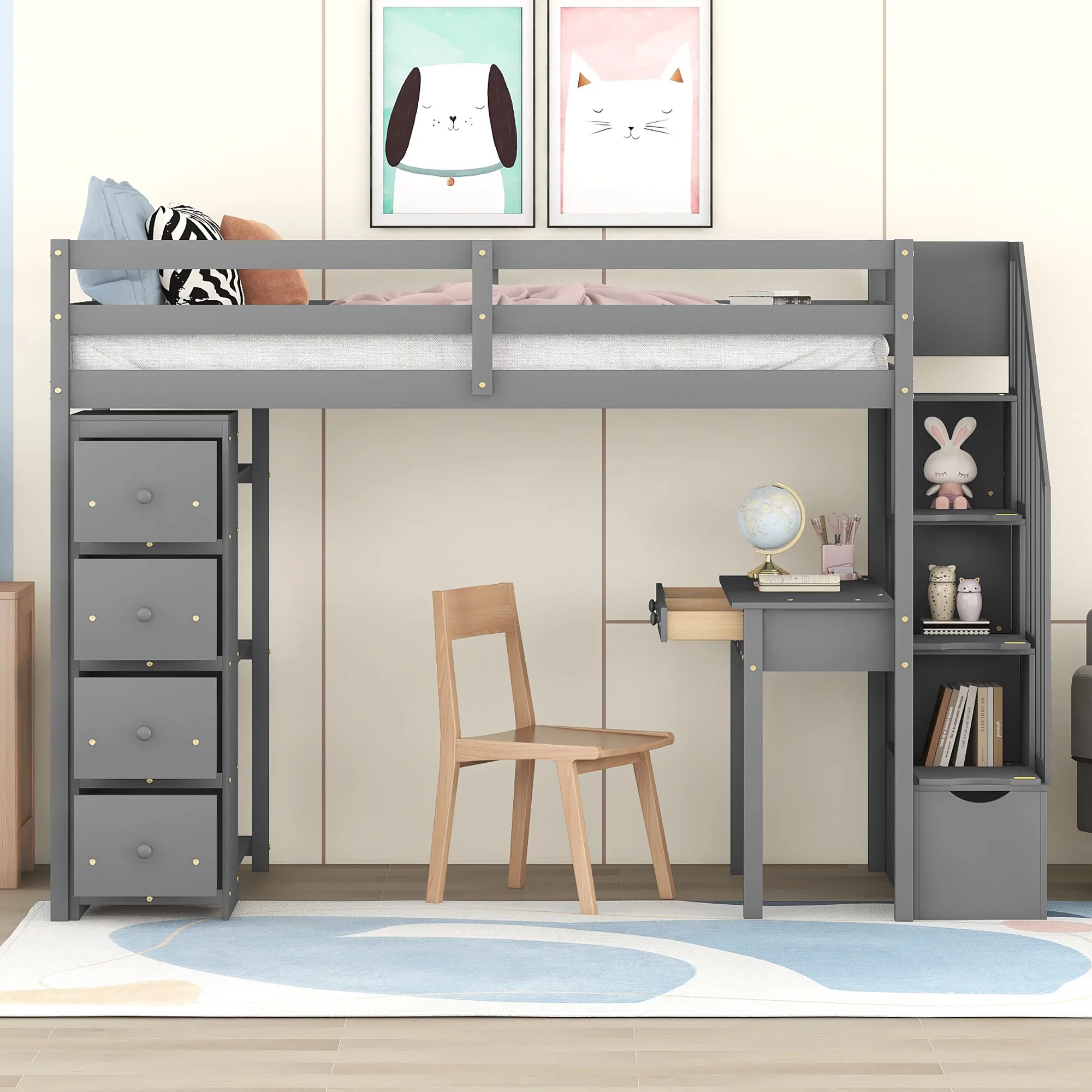 CoSoTower Twin Size Loft Bed with Storage Drawers ,Desk and Stairs, Wooden Loft Bed with Shelves - Gray