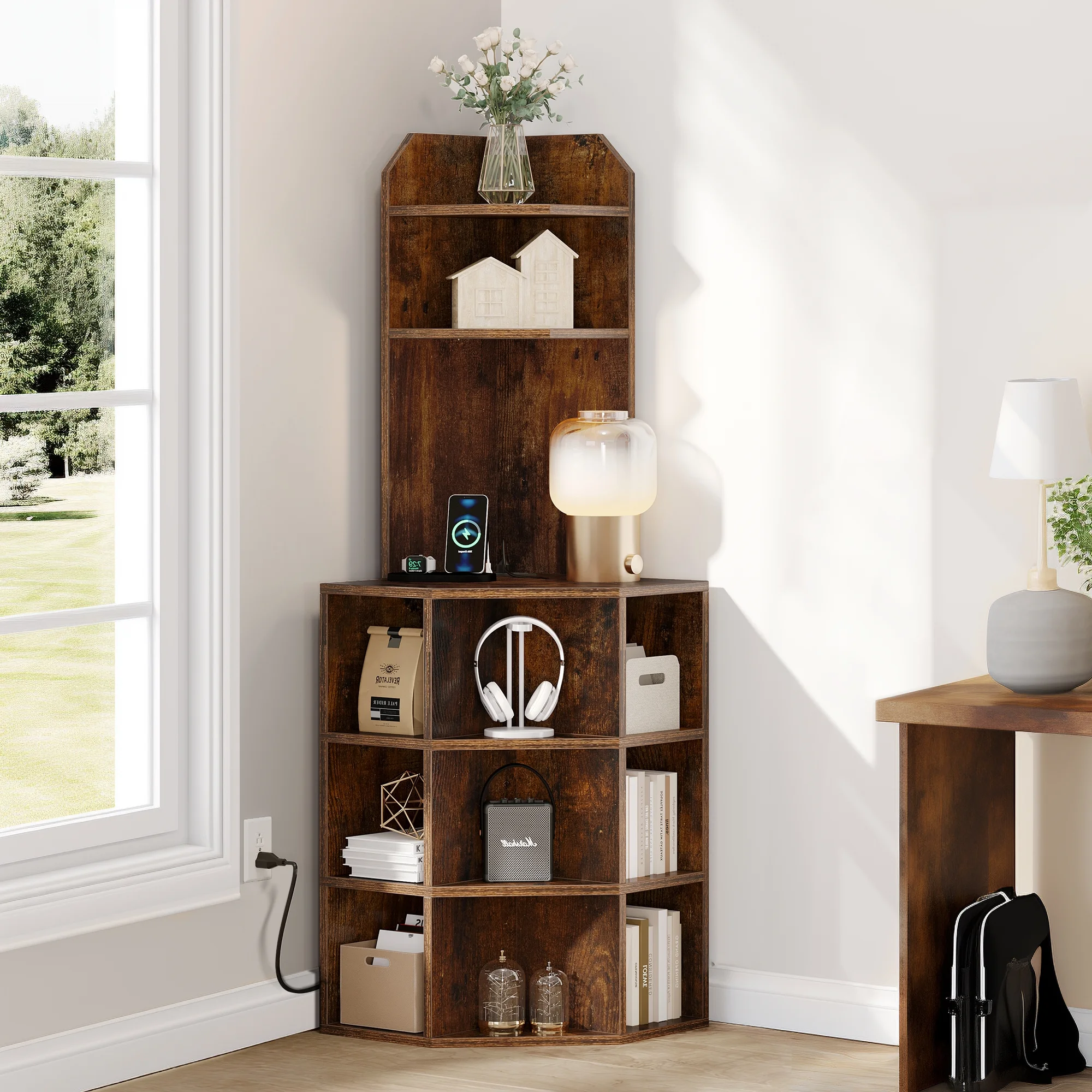 Dextrus 5-Tier Corner Shelf with USB Ports and Outlets, Corner Bookshelf Bookcase Display Shelves Rack Storage Corner Bar Cabinet for Living Room, Home Office, Kitchen, Brown