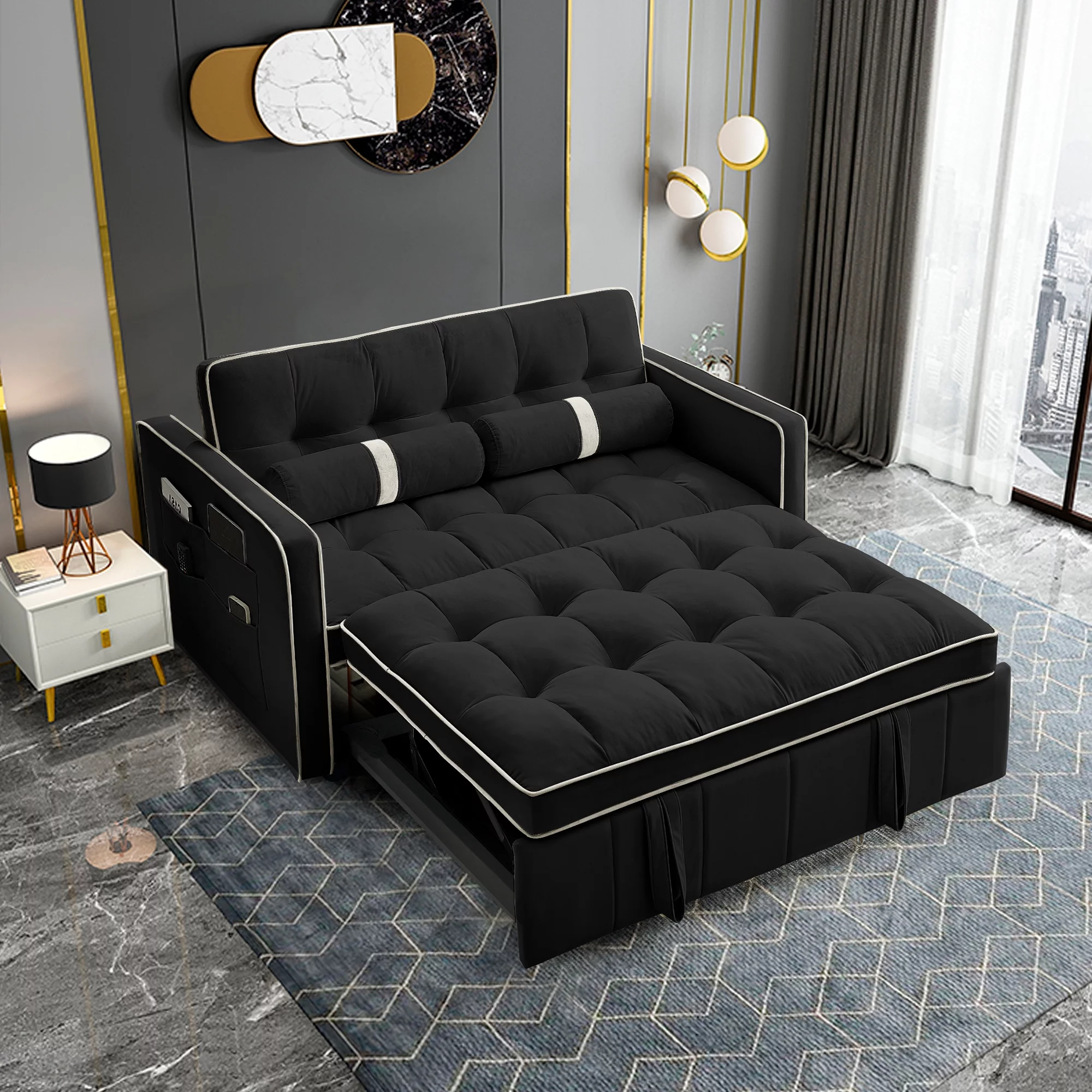KINFFICT Futon Sofa Bed, Convertible Sleeper Sofa Bed with Pull Out Couch, Modern Velvet Loveseat Sleeper, Small Couch for Living Room, Black