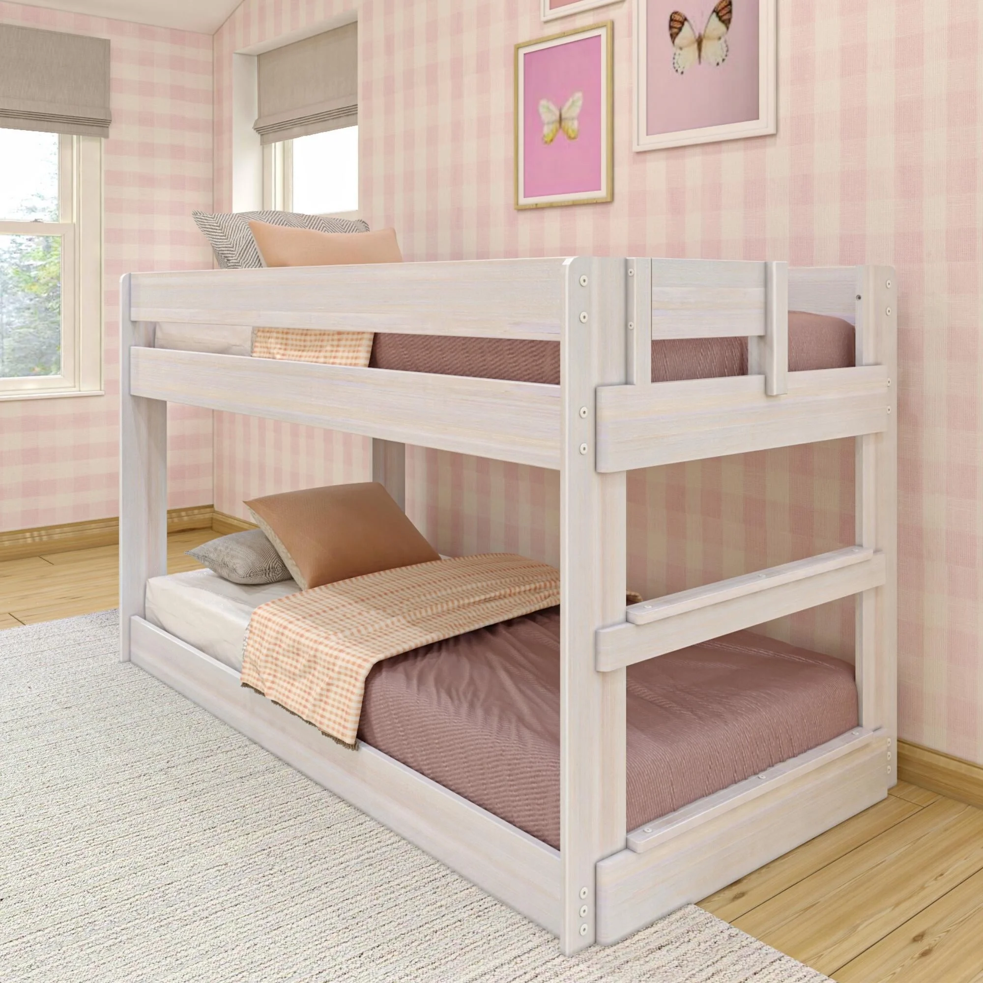 Max & Lily Twin Over Twin Low Bunk Bed, Modern Farmhouse Wooden Bunk Beds for Kids, White Wash