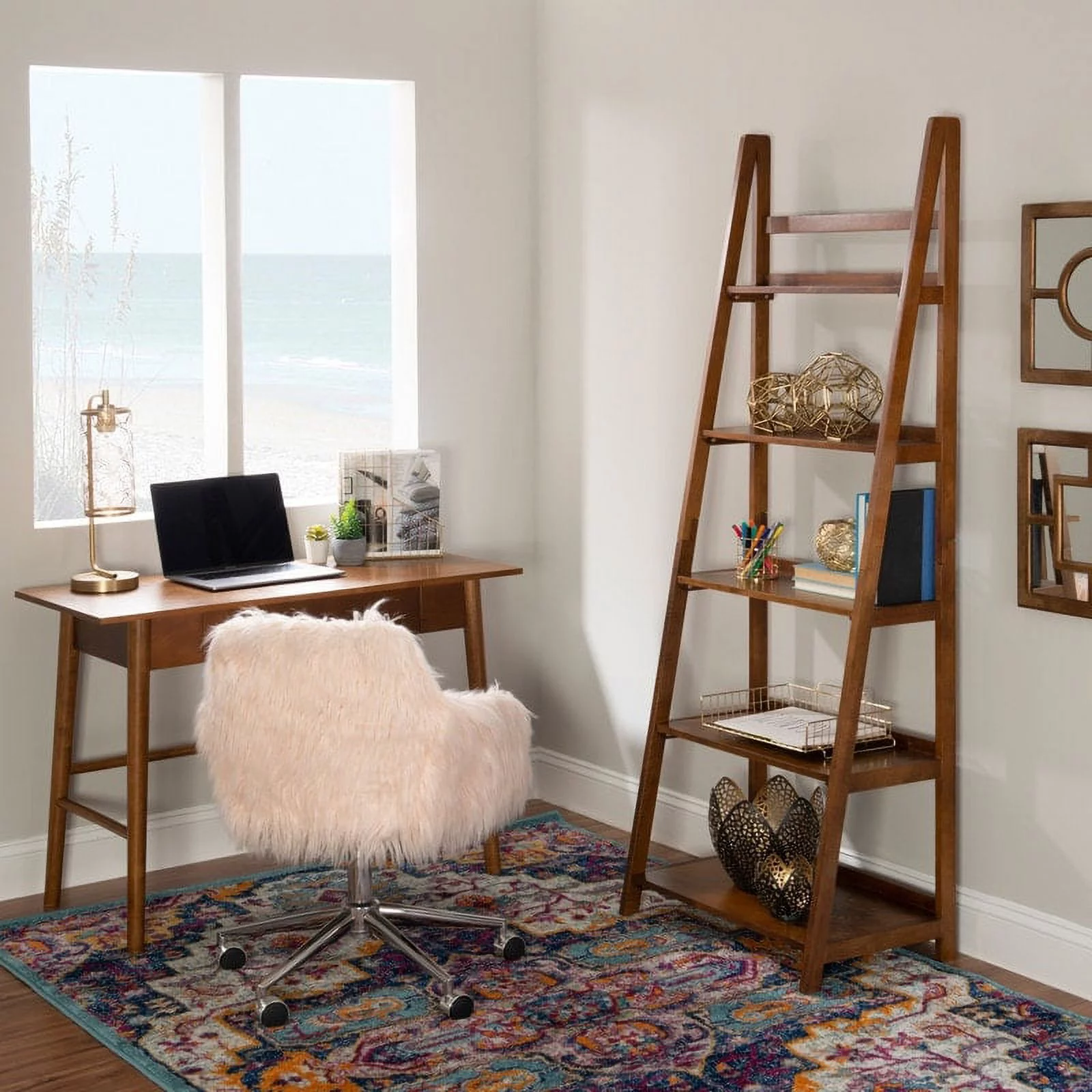 Linon Meade Mid-century Modern Ladder Bookcase White