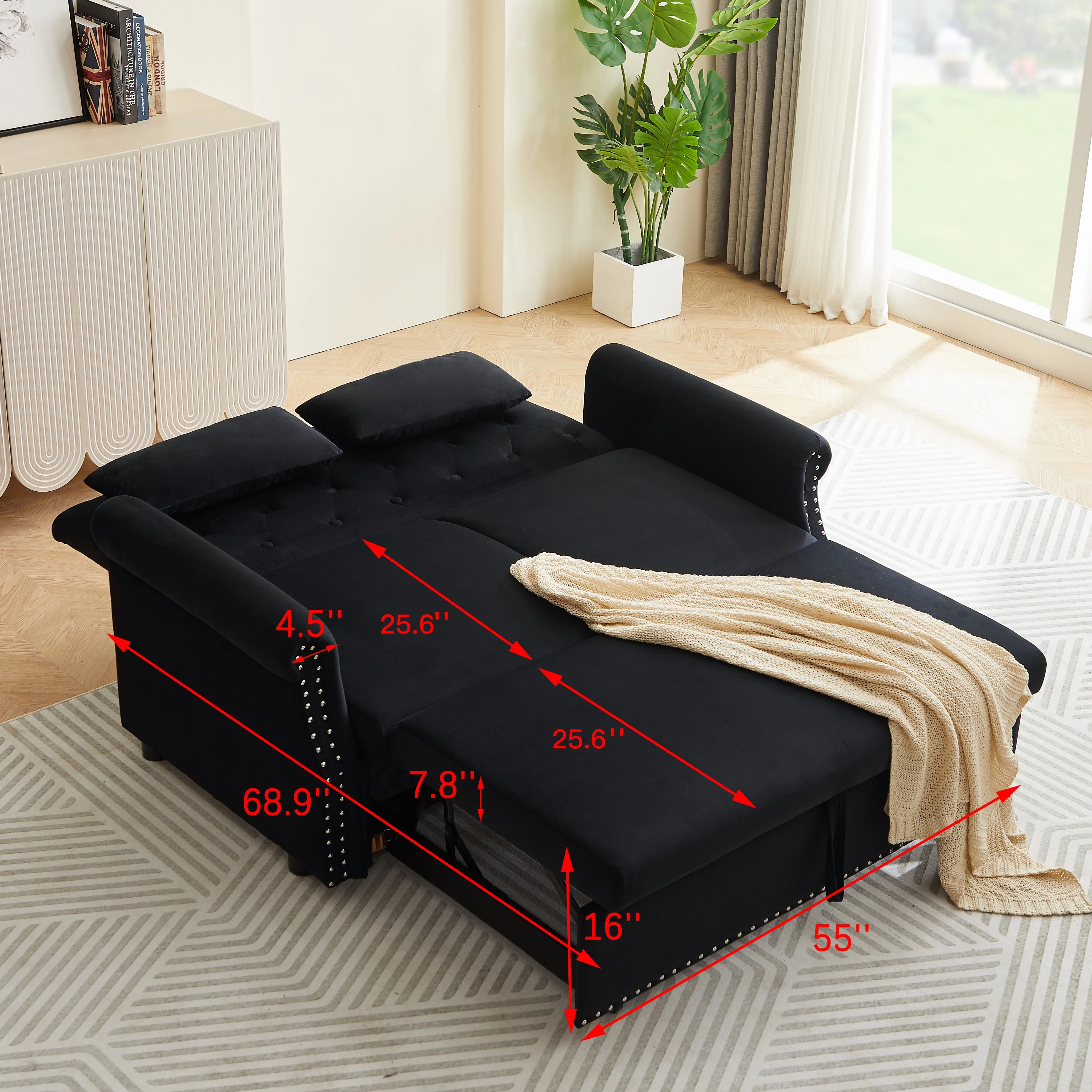 Modern Pull Out Convertible Sleeper Sofa Bed, Velvet Folding Futon Couch Loveseat Recliner with Adjsutable Backrest Pillows for Living Room Bedroom Apartment Office