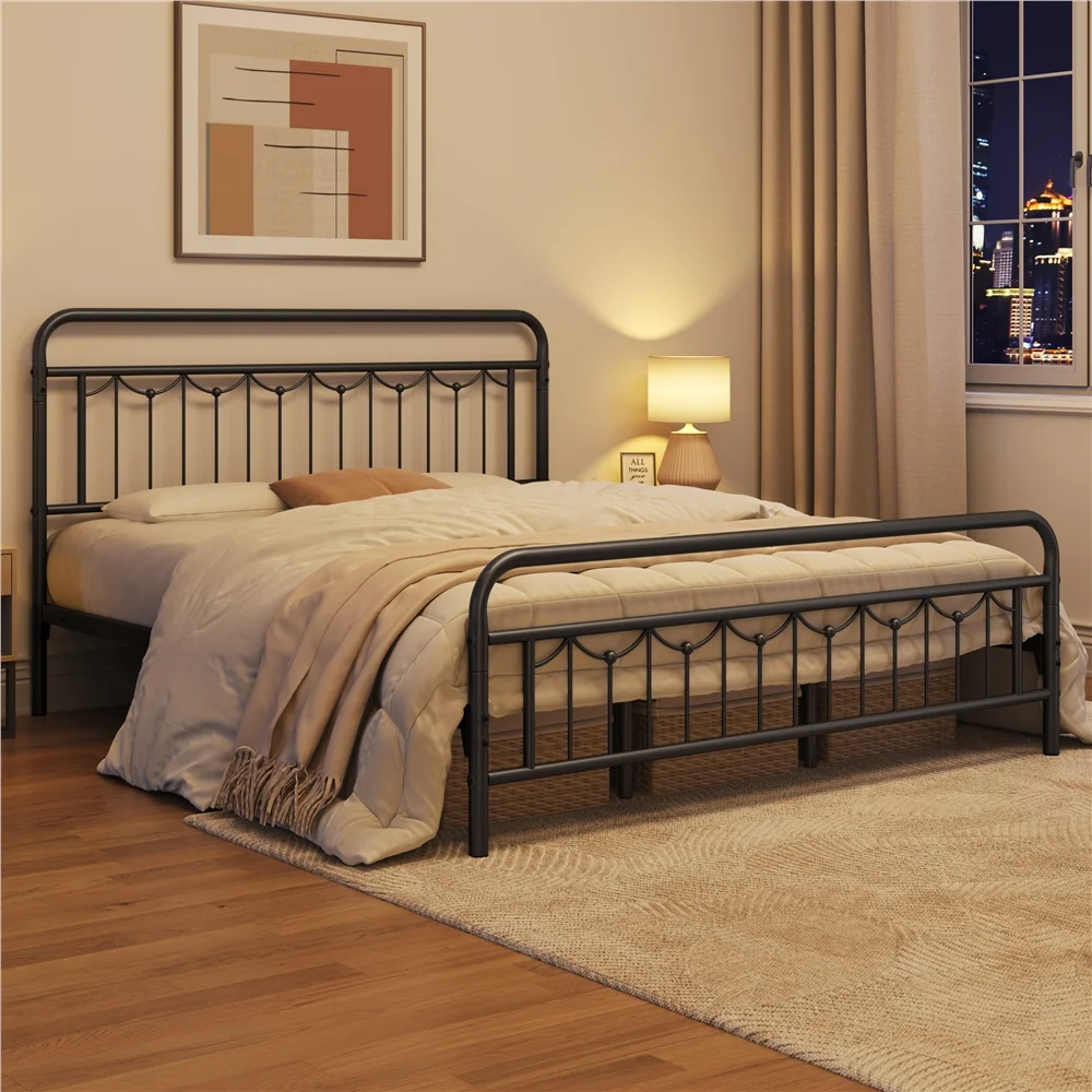 Smile Mart Metal Platform Bed with Vintage Headboard and Footboard, California King Size, Black