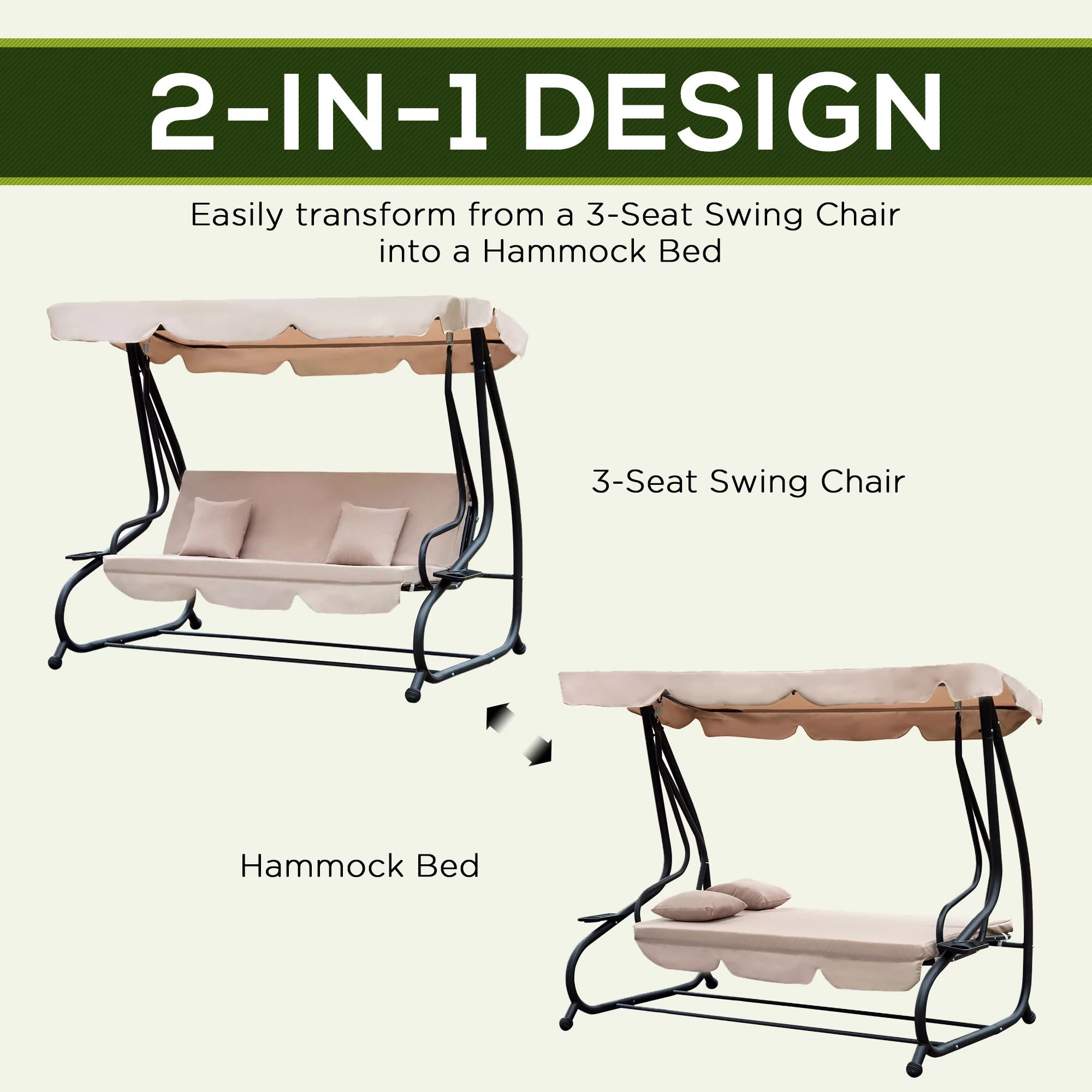 Outsunny 3-Seat Outdoor Patio Swing Chair, Converting Flatbed, Outdoor Swing Glider with Adjustable Canopy, Removable Cushion and Pillows, for Porch, Garden, Poolside, Backyard, Light Brown